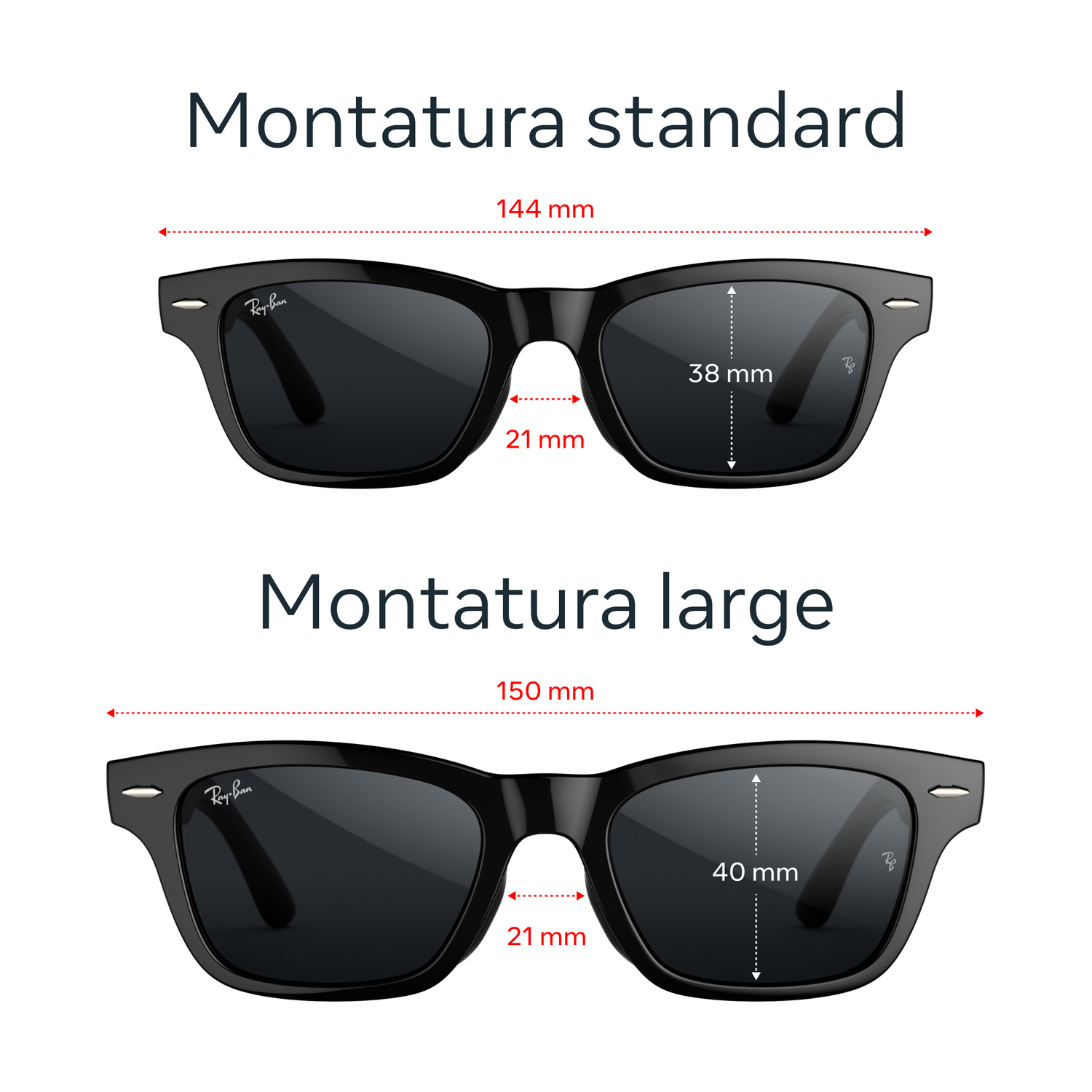 Diagramma che mostra occhiali da sole Ray-Ban neri standard e grandi con misure in millimetri.