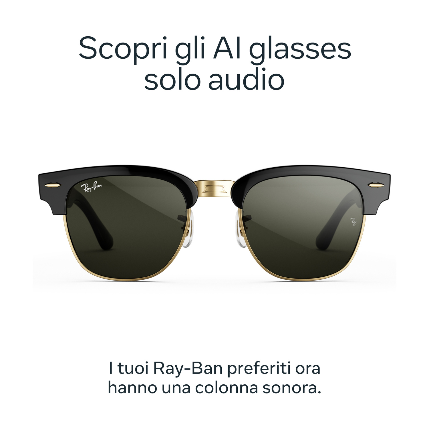 Occhiali da sole Ray-Ban neri con montatura dorata e testo su sfondo bianco.