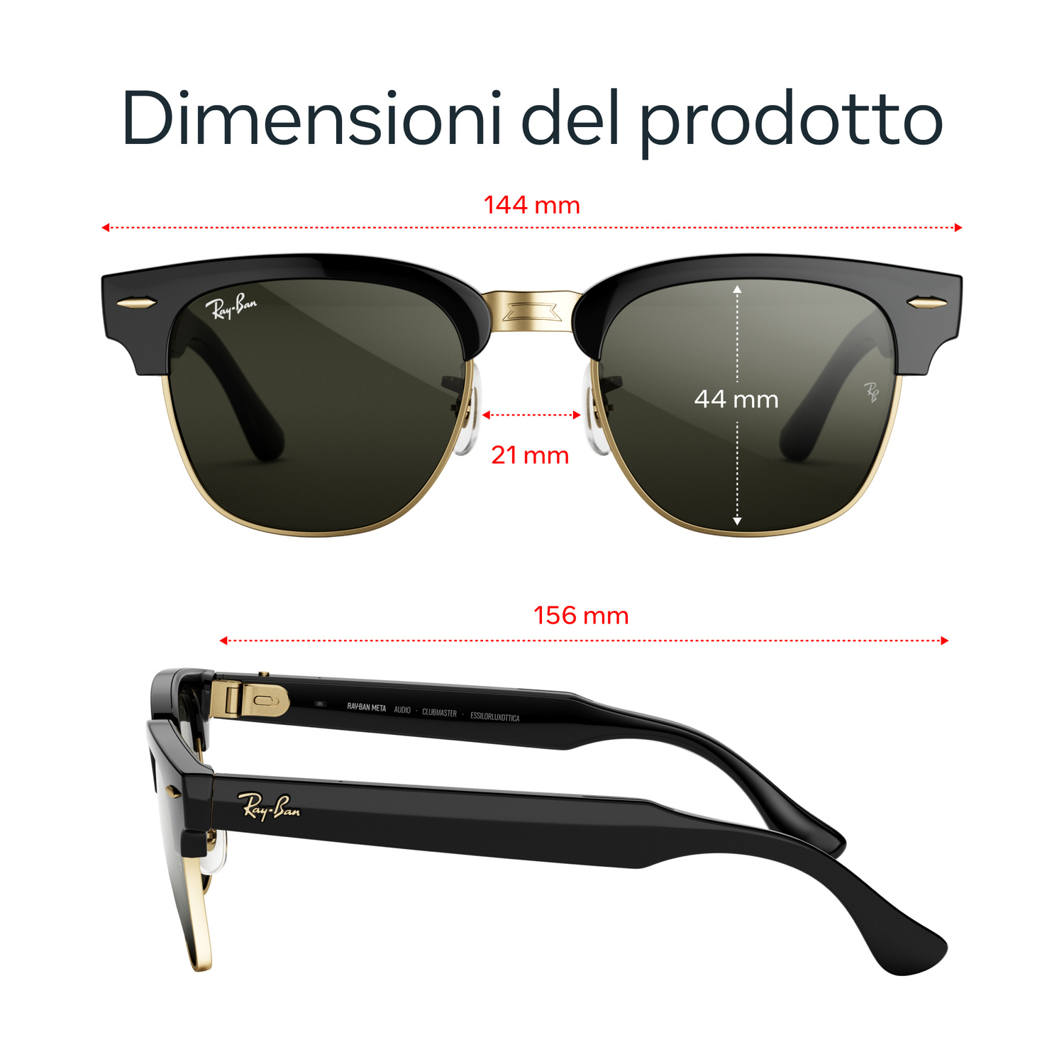 Vista frontale e laterale di occhiali da sole Ray-Ban neri e oro con misure in rosso su sfondo bianco.