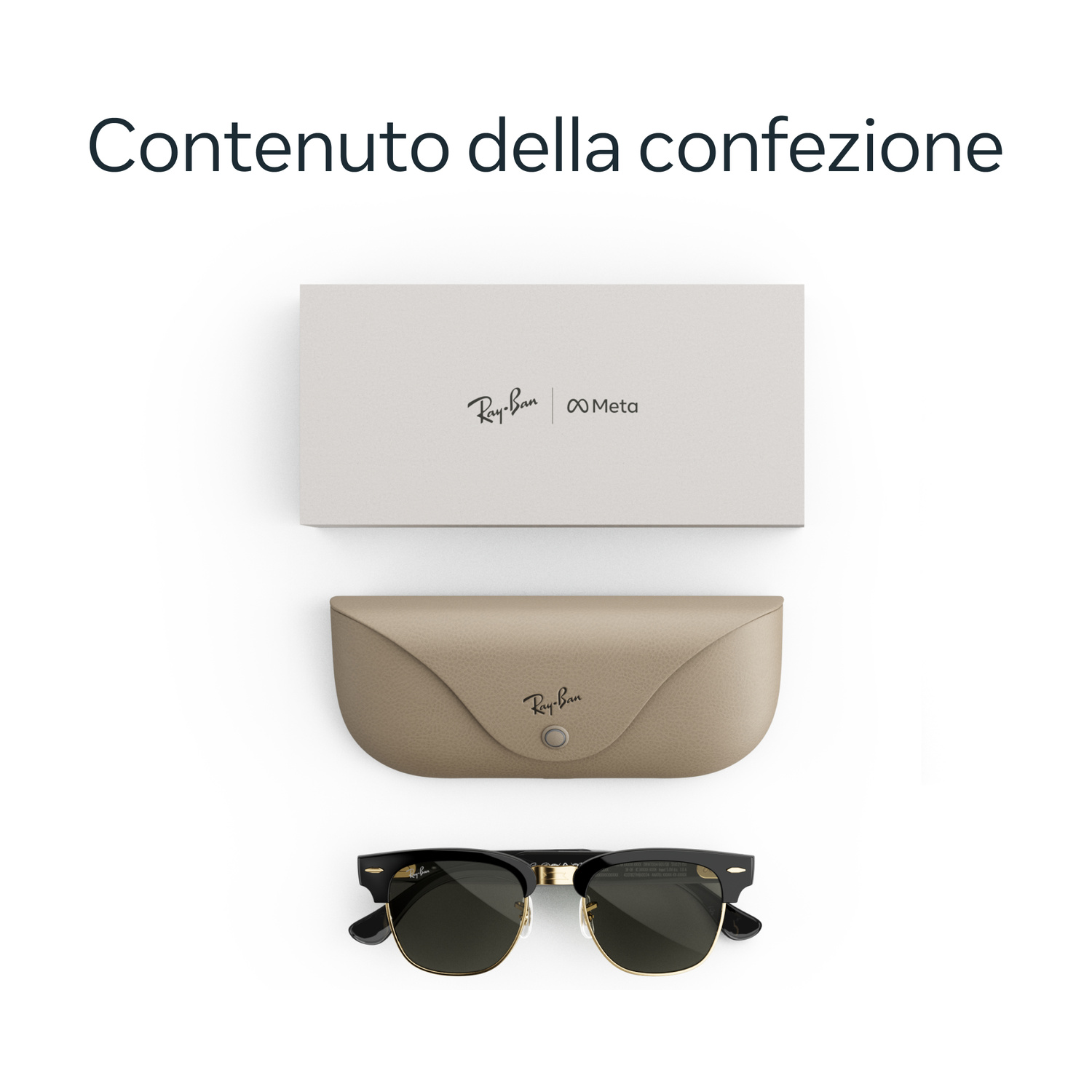 Occhiali da sole Ray-Ban Meta con custodia in pelle beige e scatola bianca su sfondo bianco.