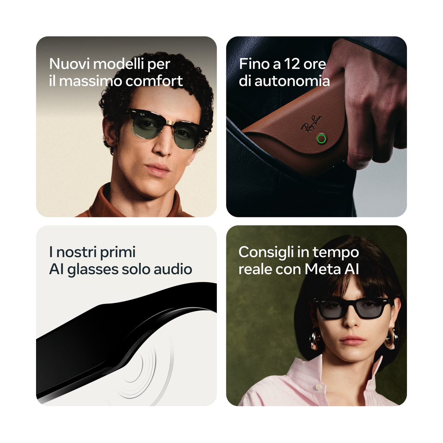 Quattro immagini mostrano occhiali Ray-Ban Meta, una custodia, modelli e testo in italiano.
