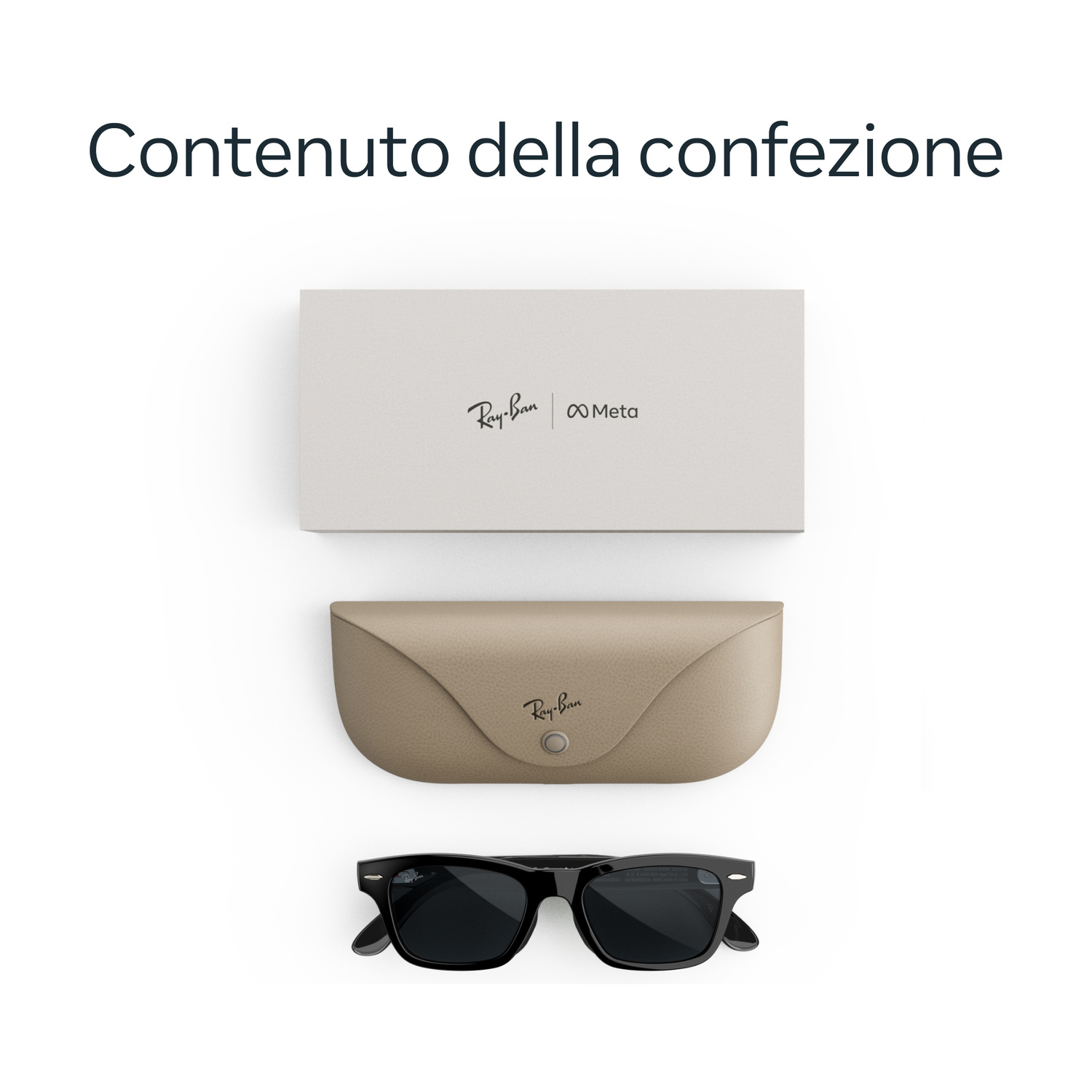 Contenuto della confezione: scatola bianca Ray-Ban Meta, astuccio beige e occhiali da sole neri.