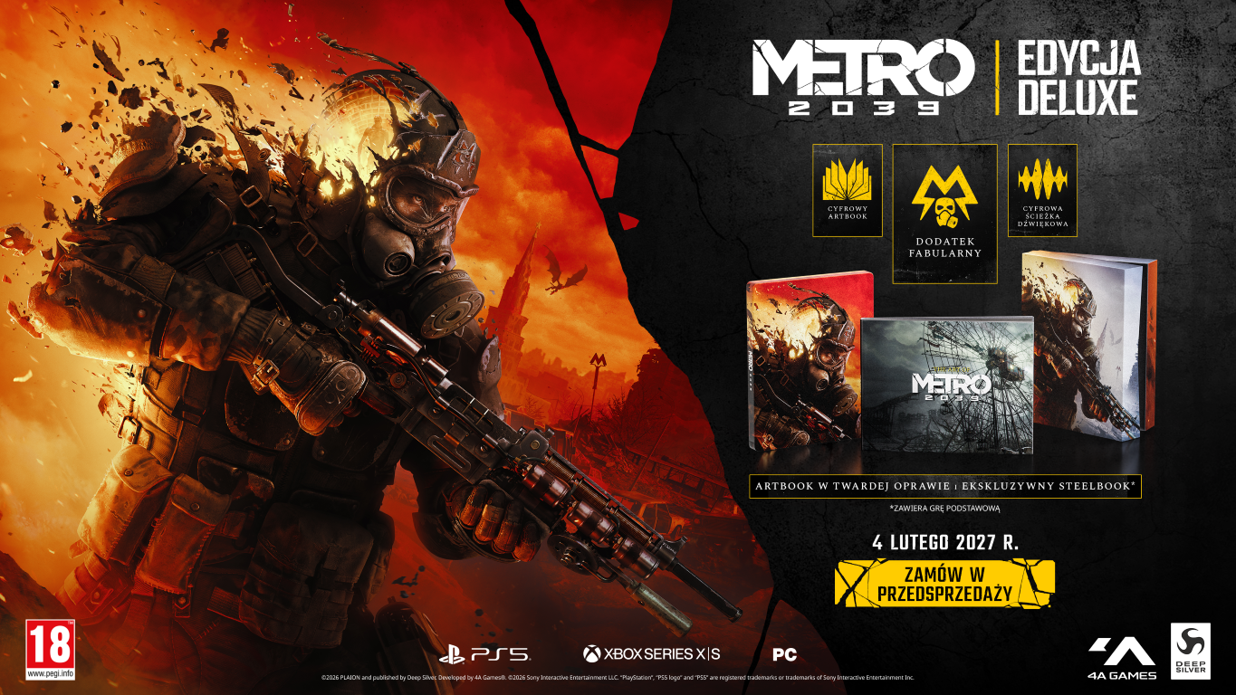Promocja Edycji Deluxe Metro 2039 z żołnierzem w masce gazowej, pudełkiem gry i artbookiem.