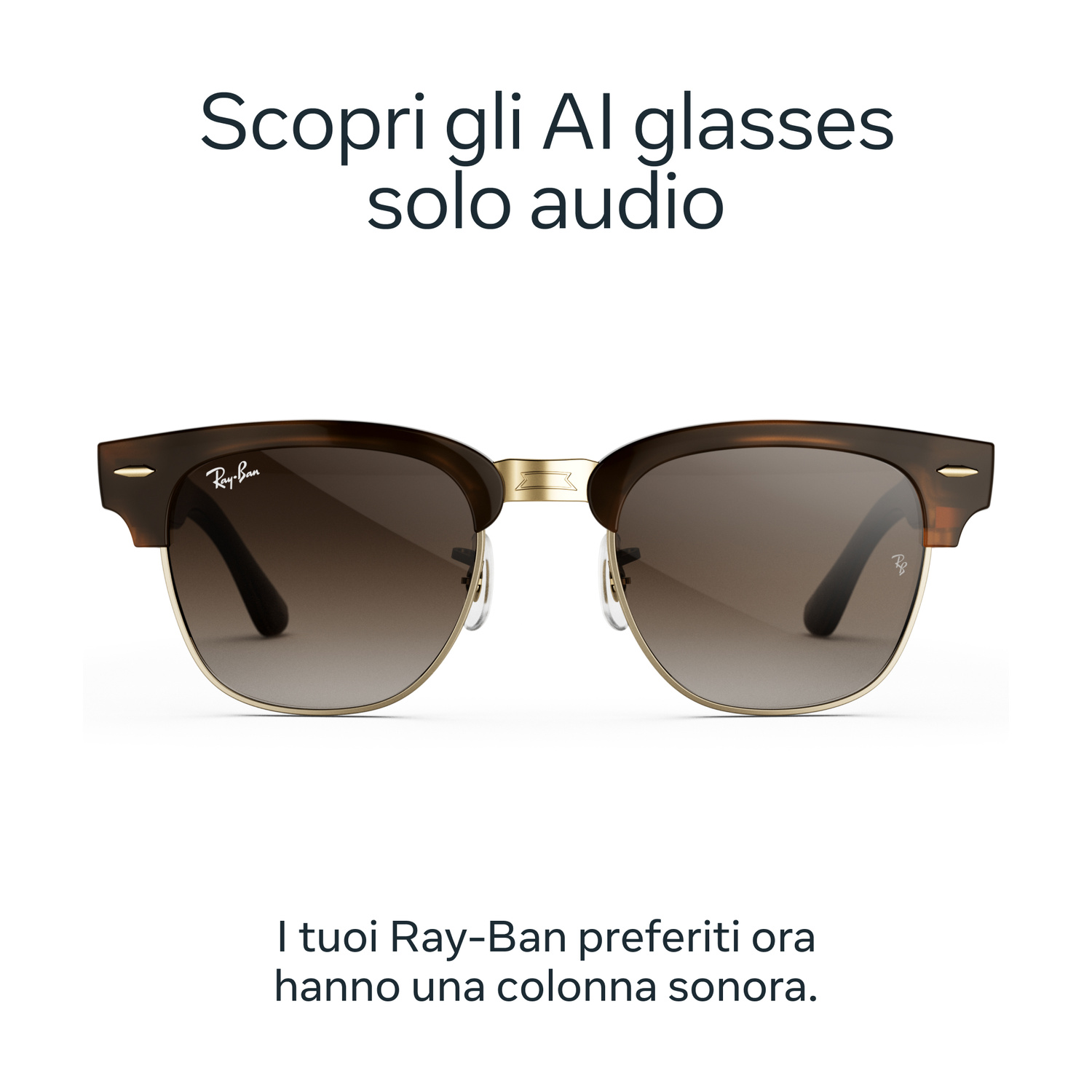 Occhiali da sole Ray-Ban con montatura marrone e lenti sfumate su sfondo bianco.