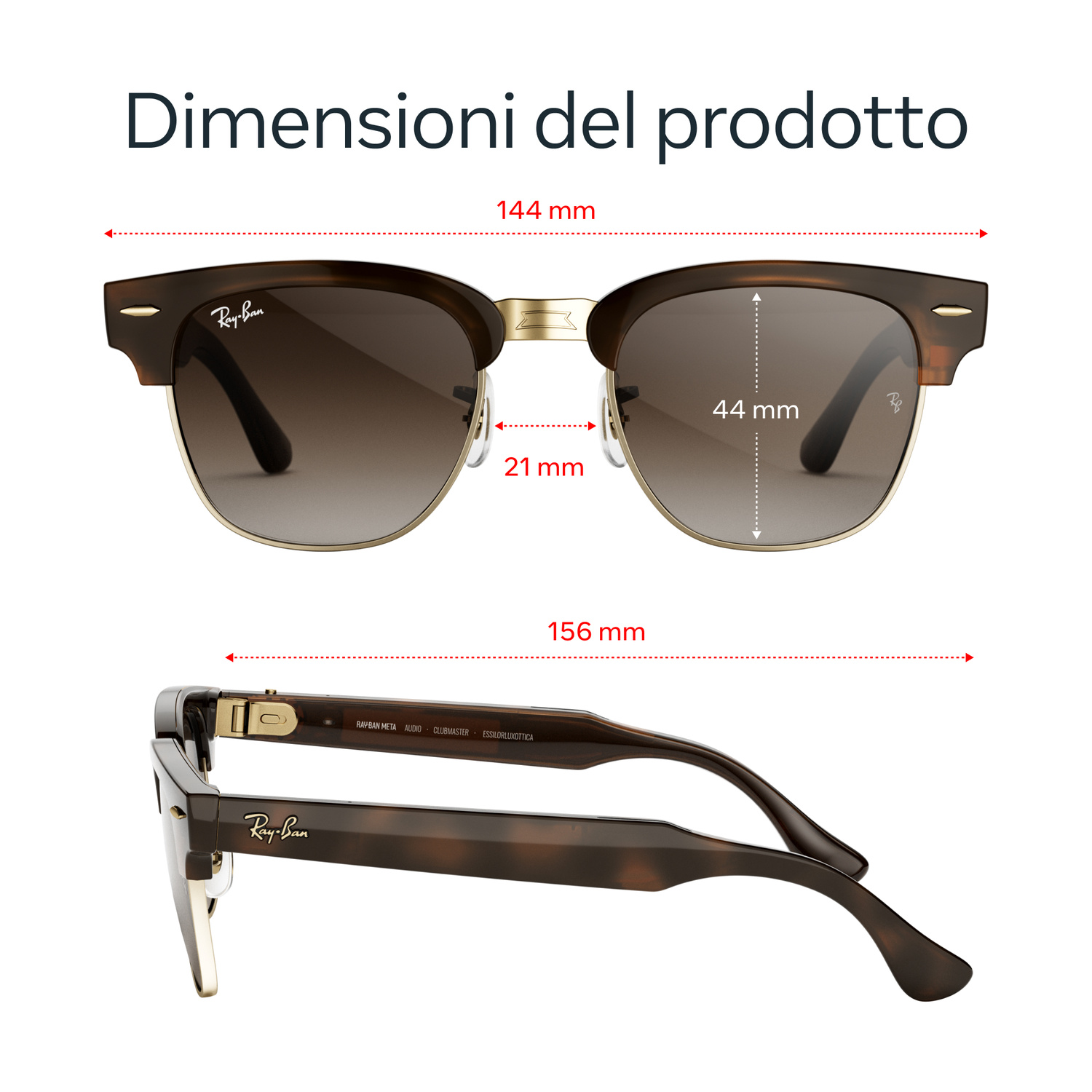 Schema tecnico con le dimensioni degli occhiali da sole Ray-Ban Clubmaster.