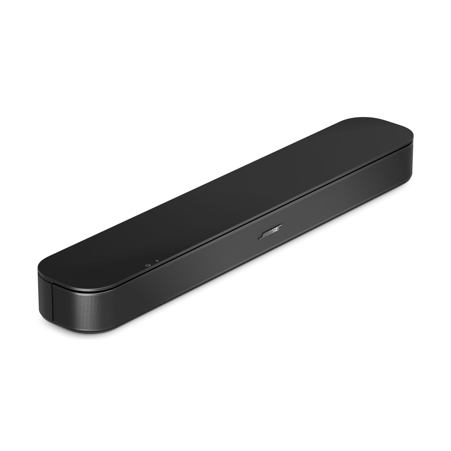Eine schlichte schwarze Bose Soundbar vor weißem Hintergrund.