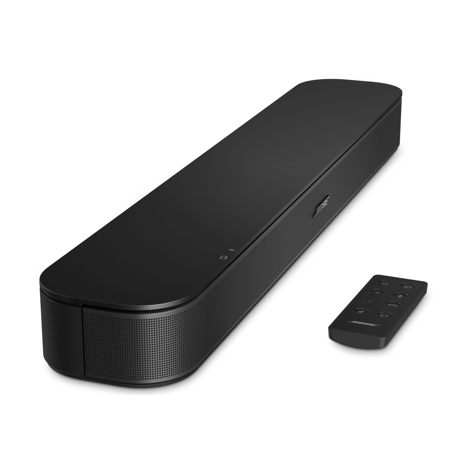 Schwarze Bose Soundbar mit abgerundeten Ecken und passender Fernbedienung auf weißem Hintergrund.