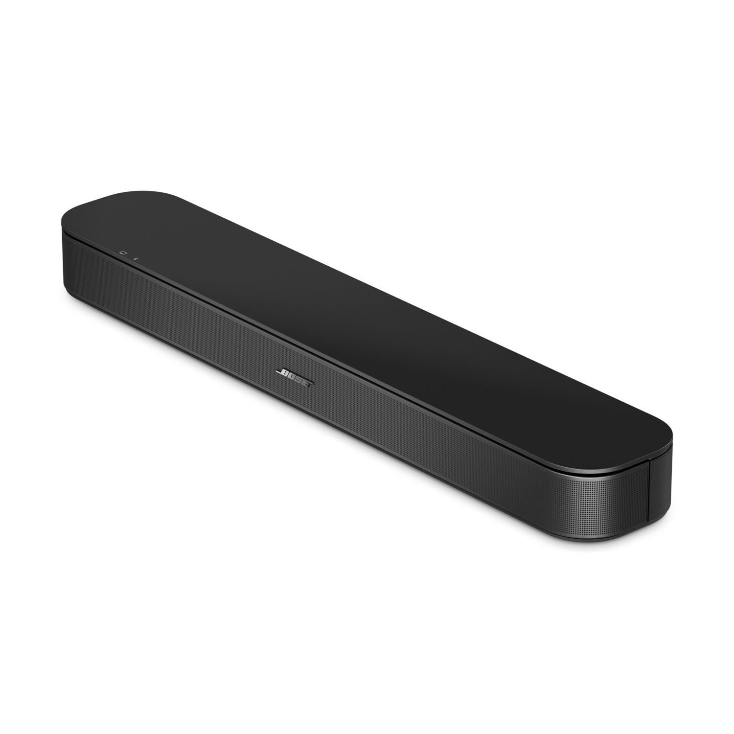 Eine lange, schwarze Bose-Soundbar mit glatter Oberseite und Metallgitter auf einem weißen Hintergrund.