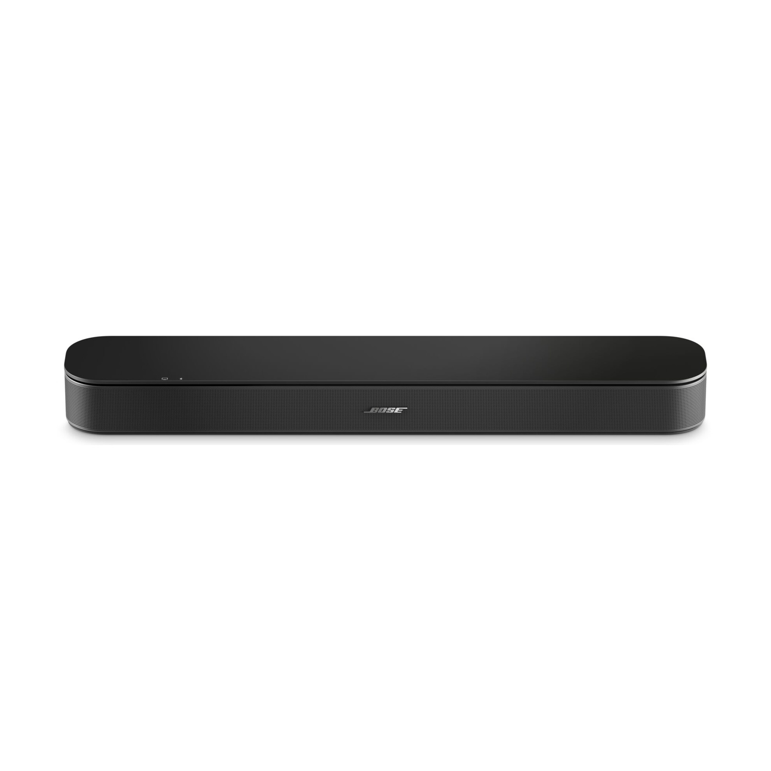 Eine schwarze Bose Soundbar liegt zentral vor einem einfachen weissen Hintergrund.