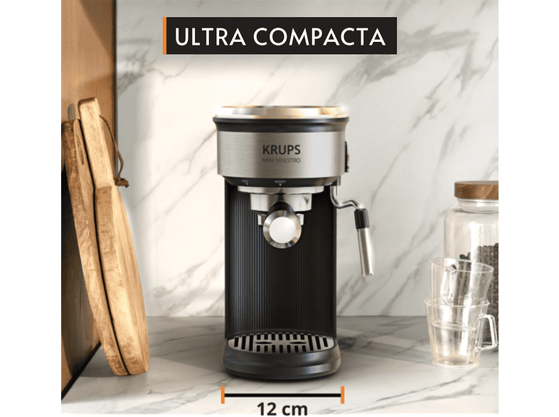 Cafetera express - Krups Mini Maestro XP350D, Ultra compacta, 20 bar, Espumador de leche, 6 recetas calientes y frías, Panel digital, 1350 W, Inox
