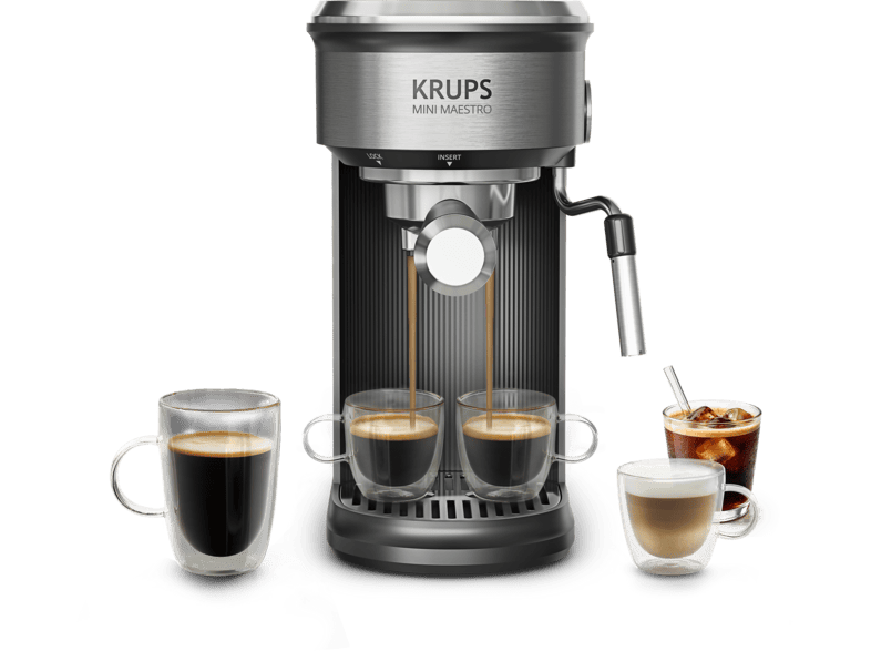 Cafetera express - Krups Mini Maestro XP350D, Ultra compacta, 20 bar, Espumador de leche, 6 recetas calientes y frías, Panel digital, 1350 W, Inox