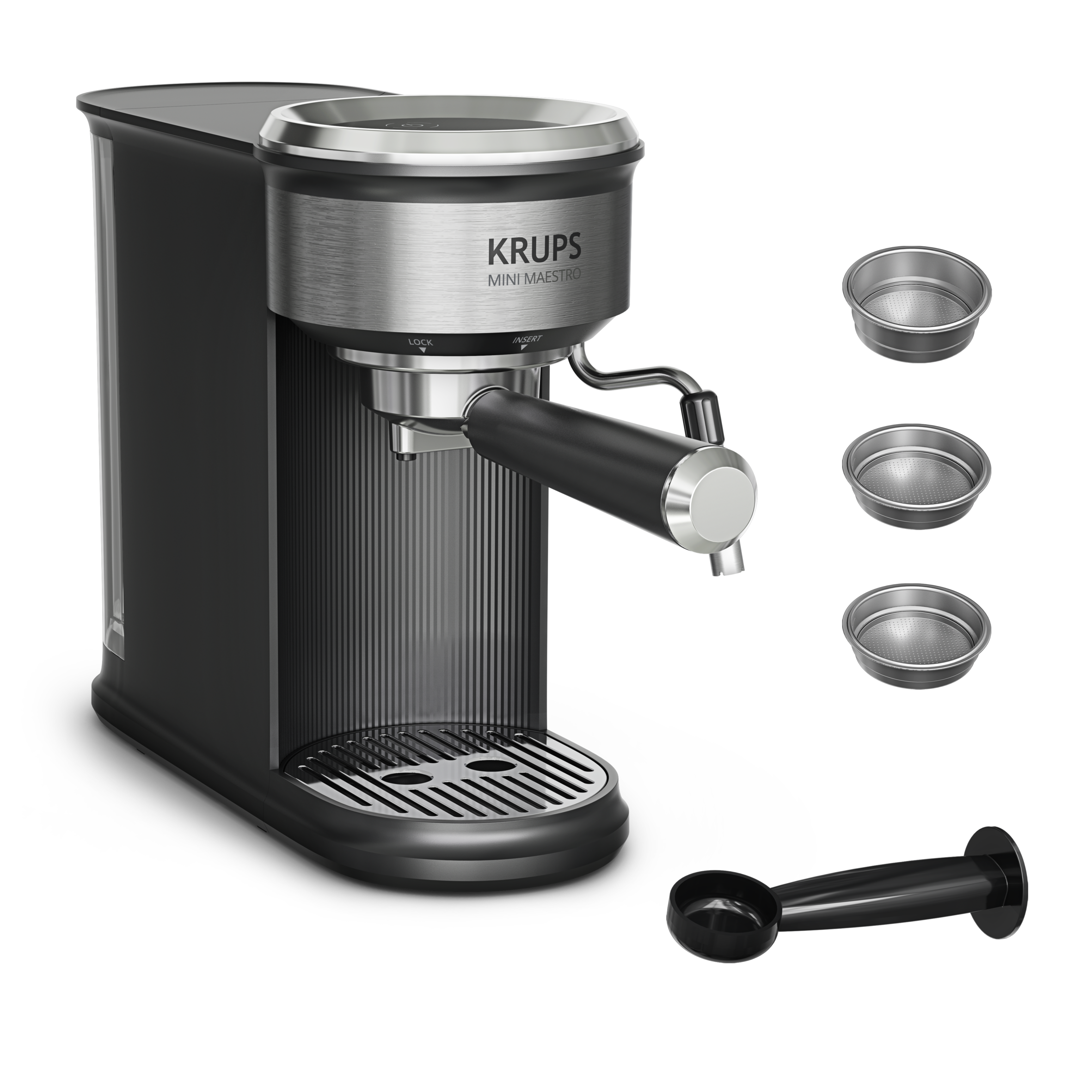 Cafetera express - Krups  Mini Maestro XP350D, Ultra compacta, 20 bar, Espumador de leche, 6 recetas calientes y frías, Panel digital, 1350 W, Inox