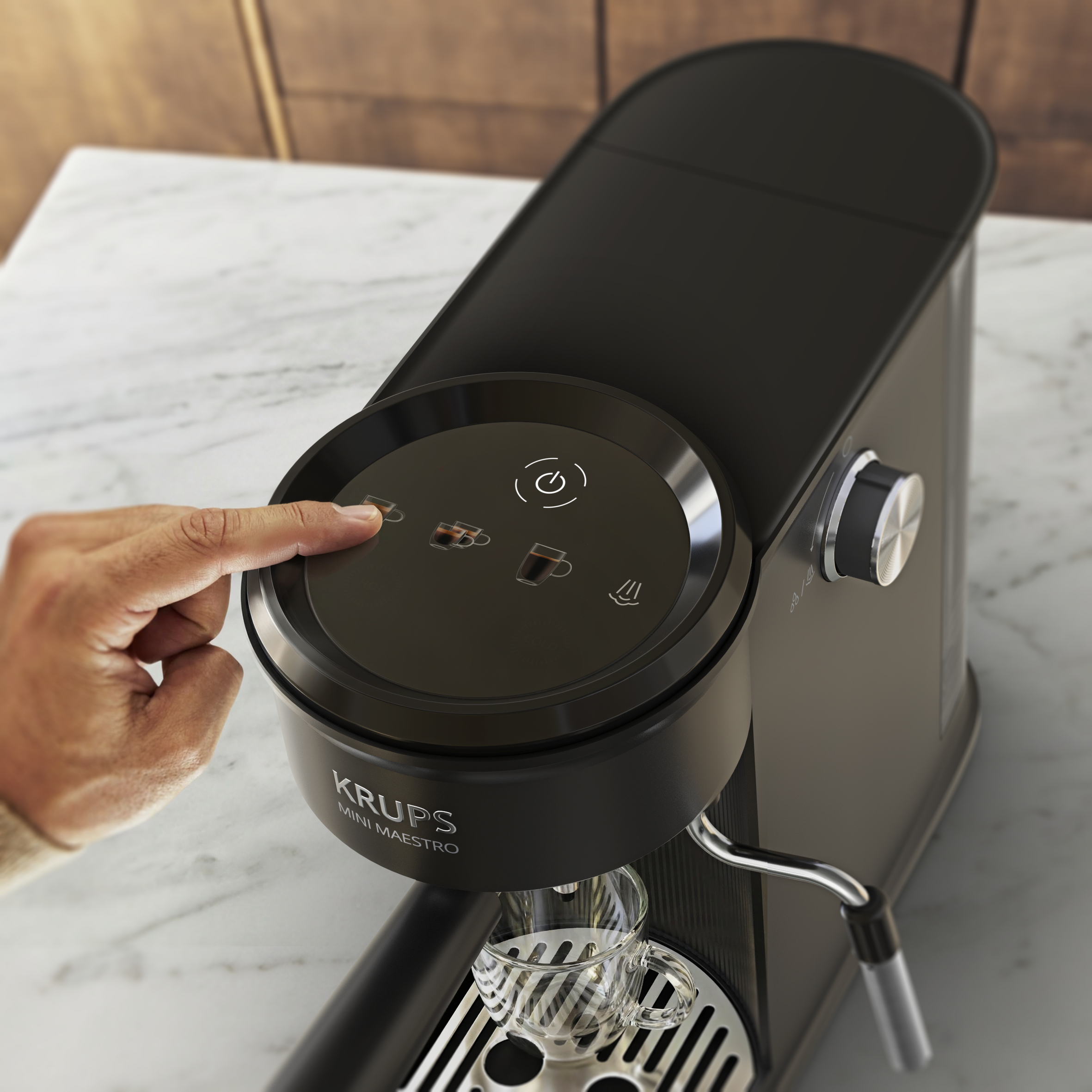 Cafetera express - Krups  Mini Maestro XP350D, Ultra compacta, 20 bar, Espumador de leche, 6 recetas calientes y frías, Panel digital, 1350 W, Inox