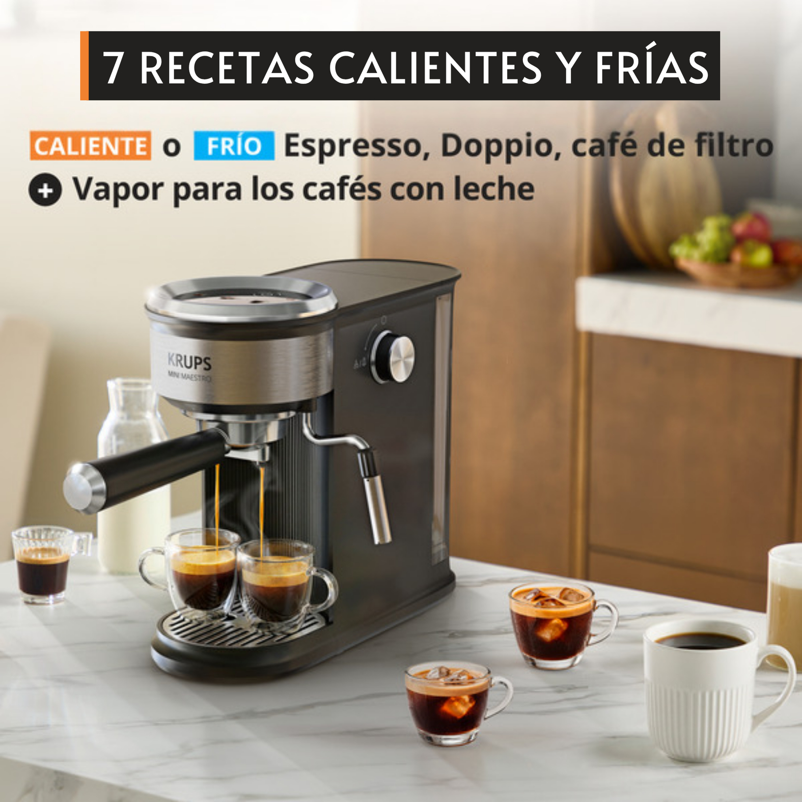 7 recetas calientes y frias. Caliente o frio. Espresso, Doppio, Café de filtro + vapor para los cafes con leche