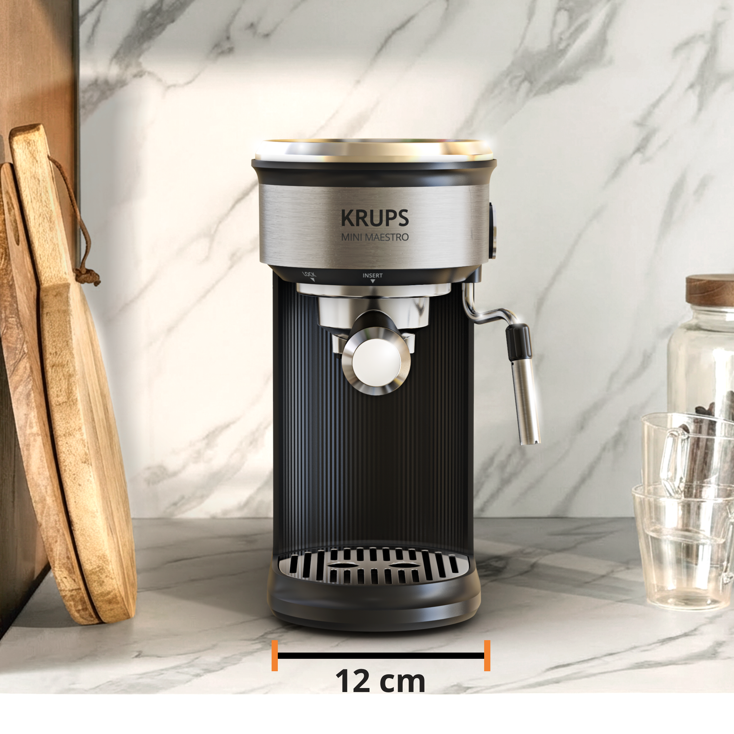 Cafetera express - Krups  Mini Maestro XP350D, Ultra compacta, 20 bar, Espumador de leche, 6 recetas calientes y frías, Panel digital, 1350 W, Inox