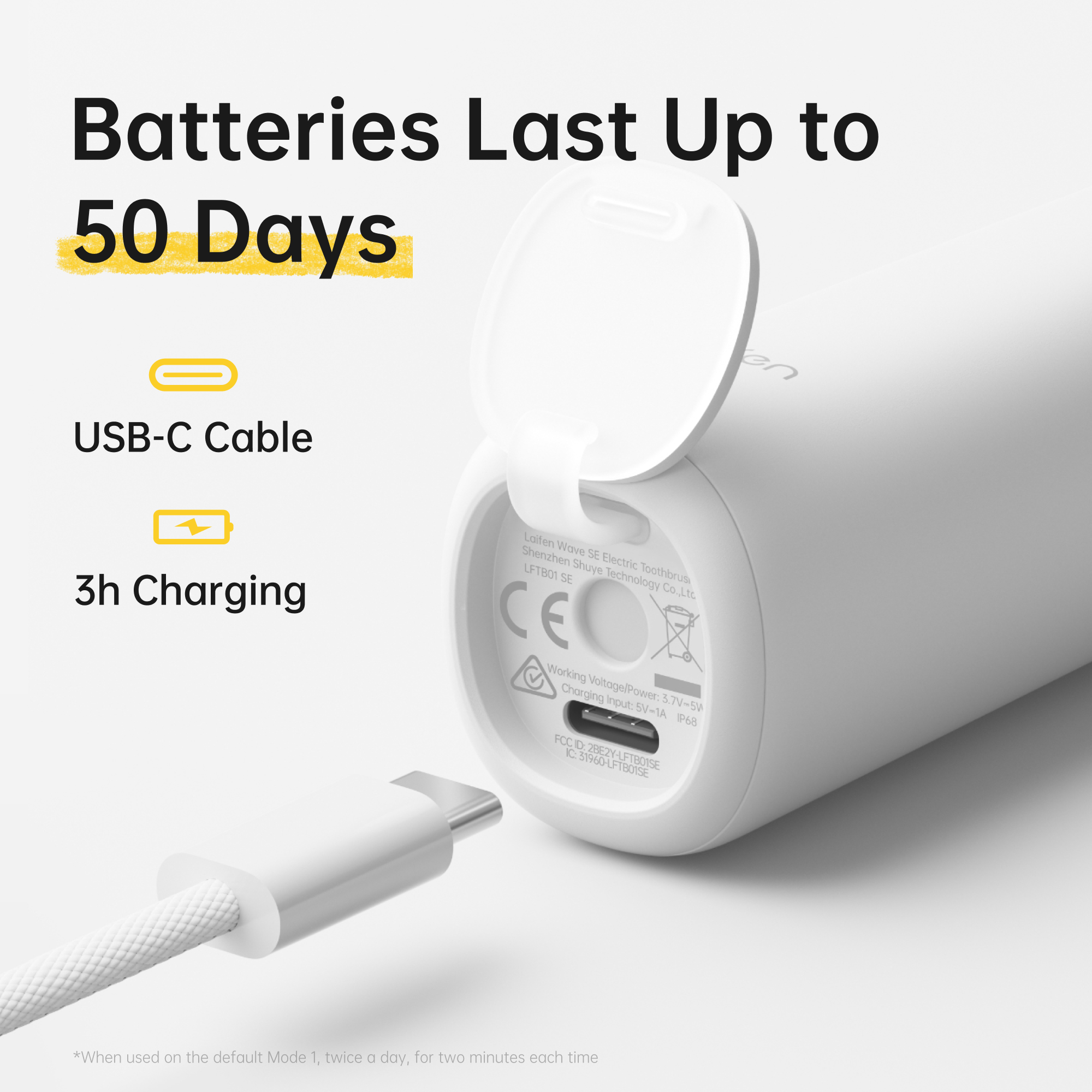 Werbebild zeigt ein weißes elektrisches Zahnbürstenetui mit geöffneter Ladeklappe und einem USB-C-Kabel.