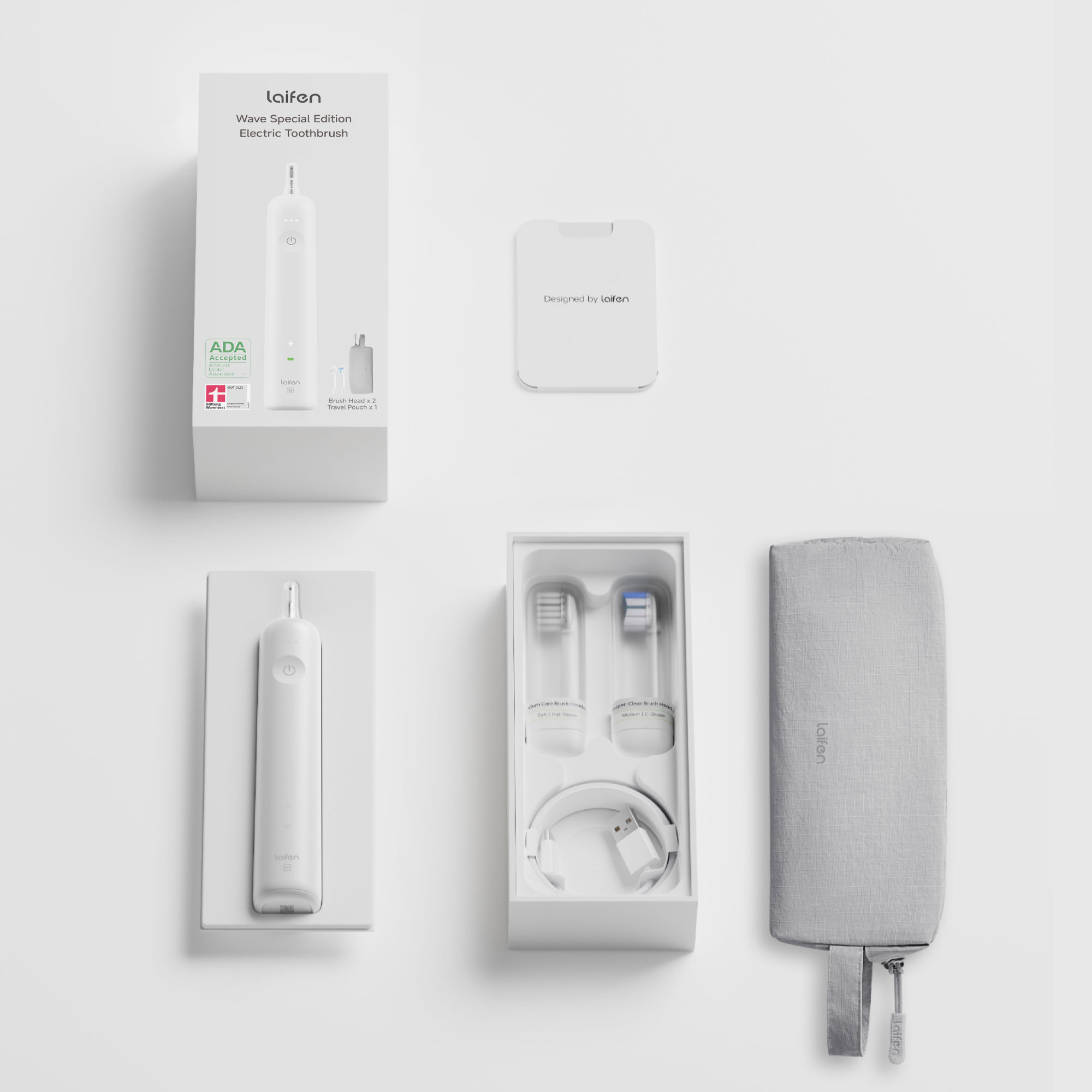 Laifen elektrische Zahnbürste, Schachtel, Reiseetui, Ersatzbürstenköpfe und Ladekabel auf weißem Hintergrund.