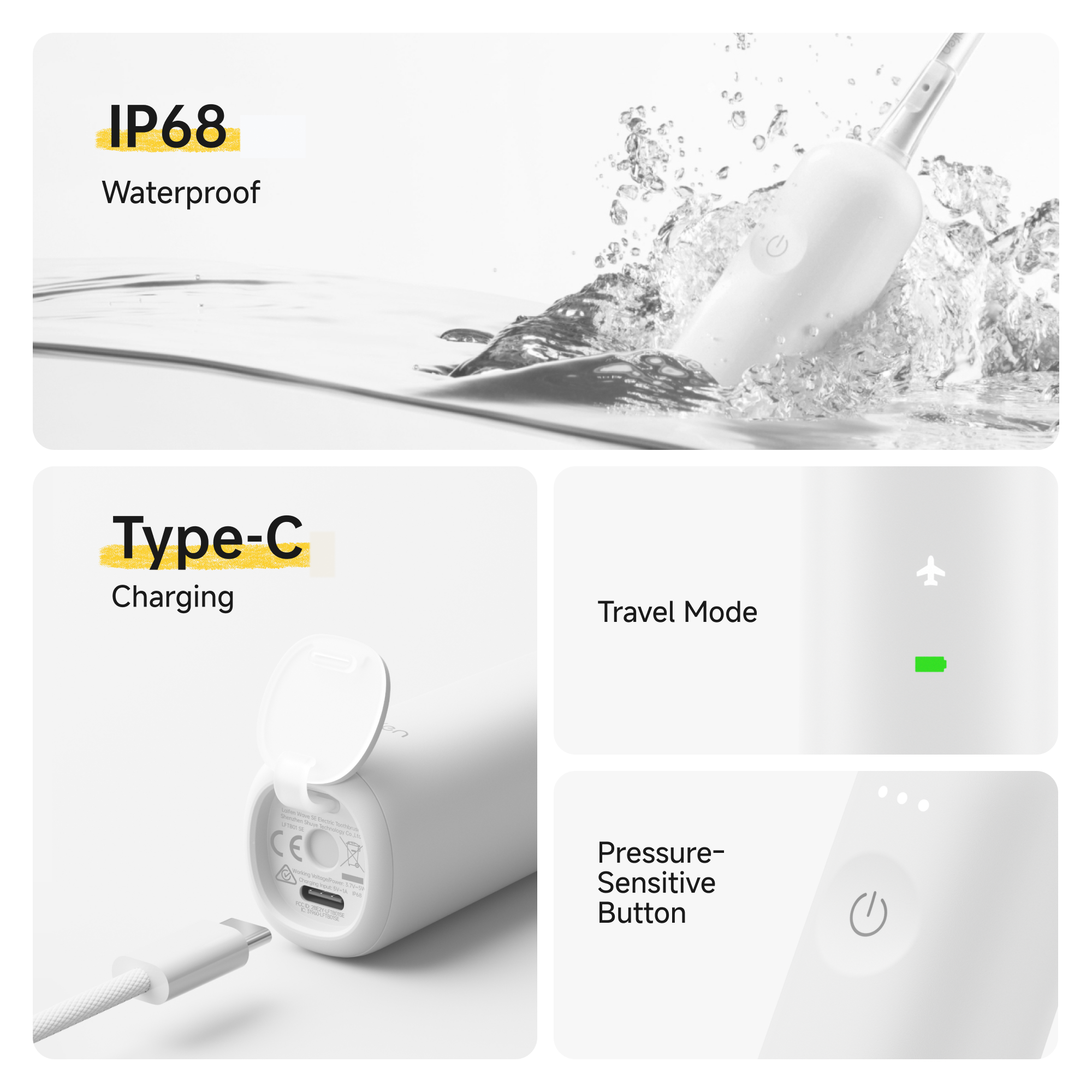 Wasserdichte elektrische Zahnbürste mit USB-C, Reisedusche und Drucktaste.