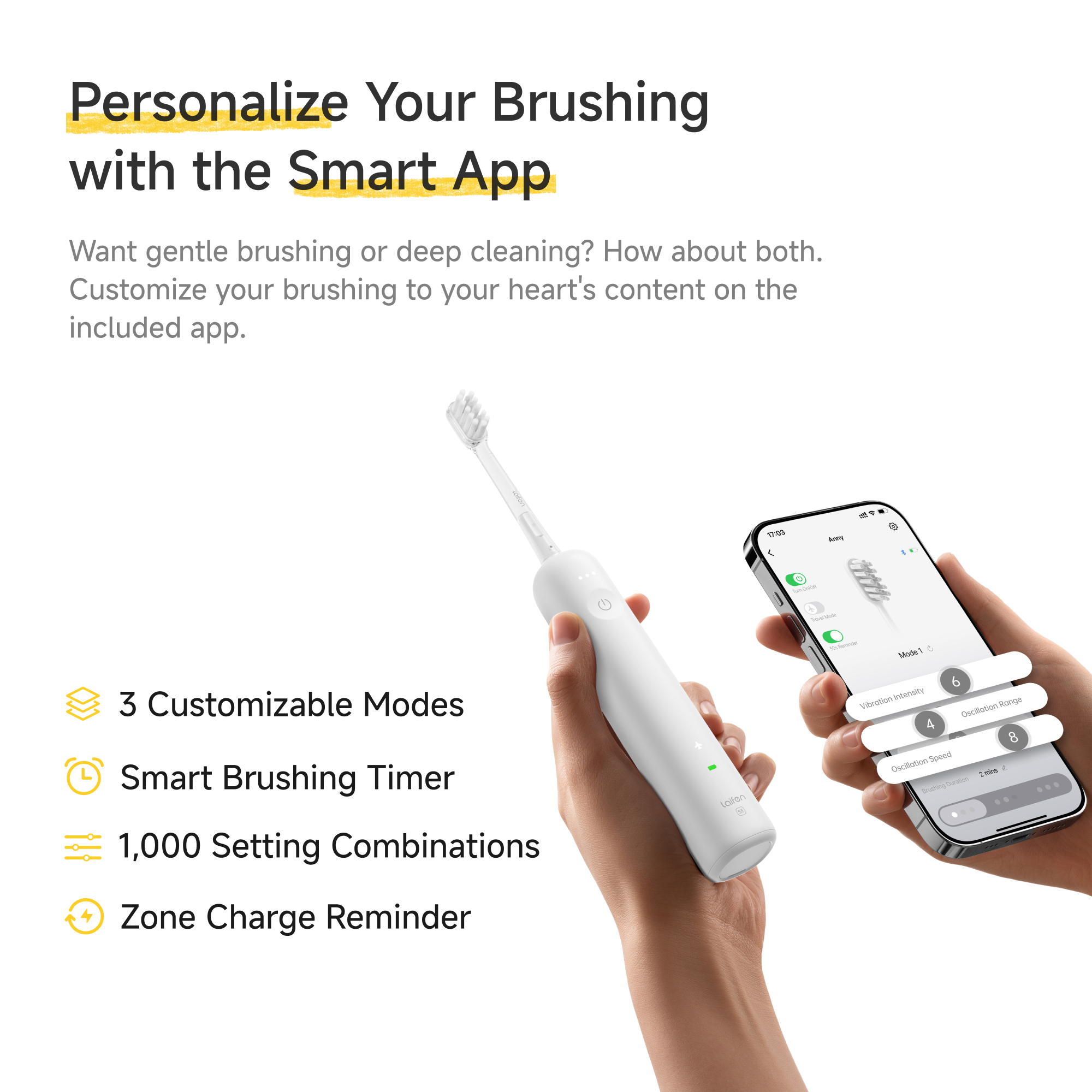 Personalisieren Sie das Zähneputzen mit der Smart App, die ein weißes Zahnbürsten- und Smartphone-Interface zeigt.