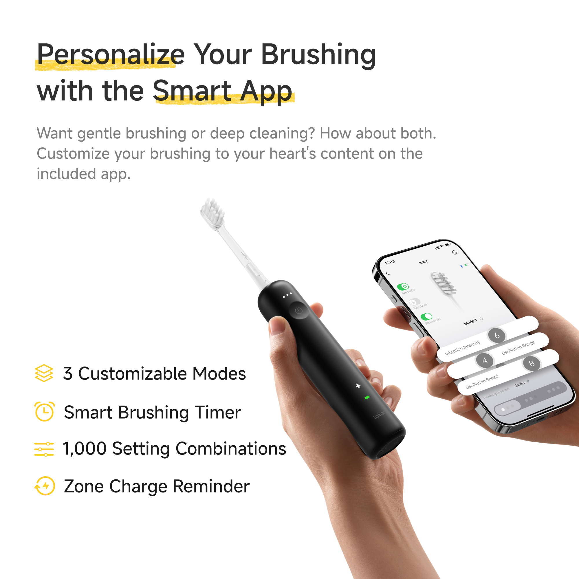 Eine Hand hält eine schwarze elektrische Zahnbürste, die andere ein Smartphone mit anpassbaren App-Einstellungen.