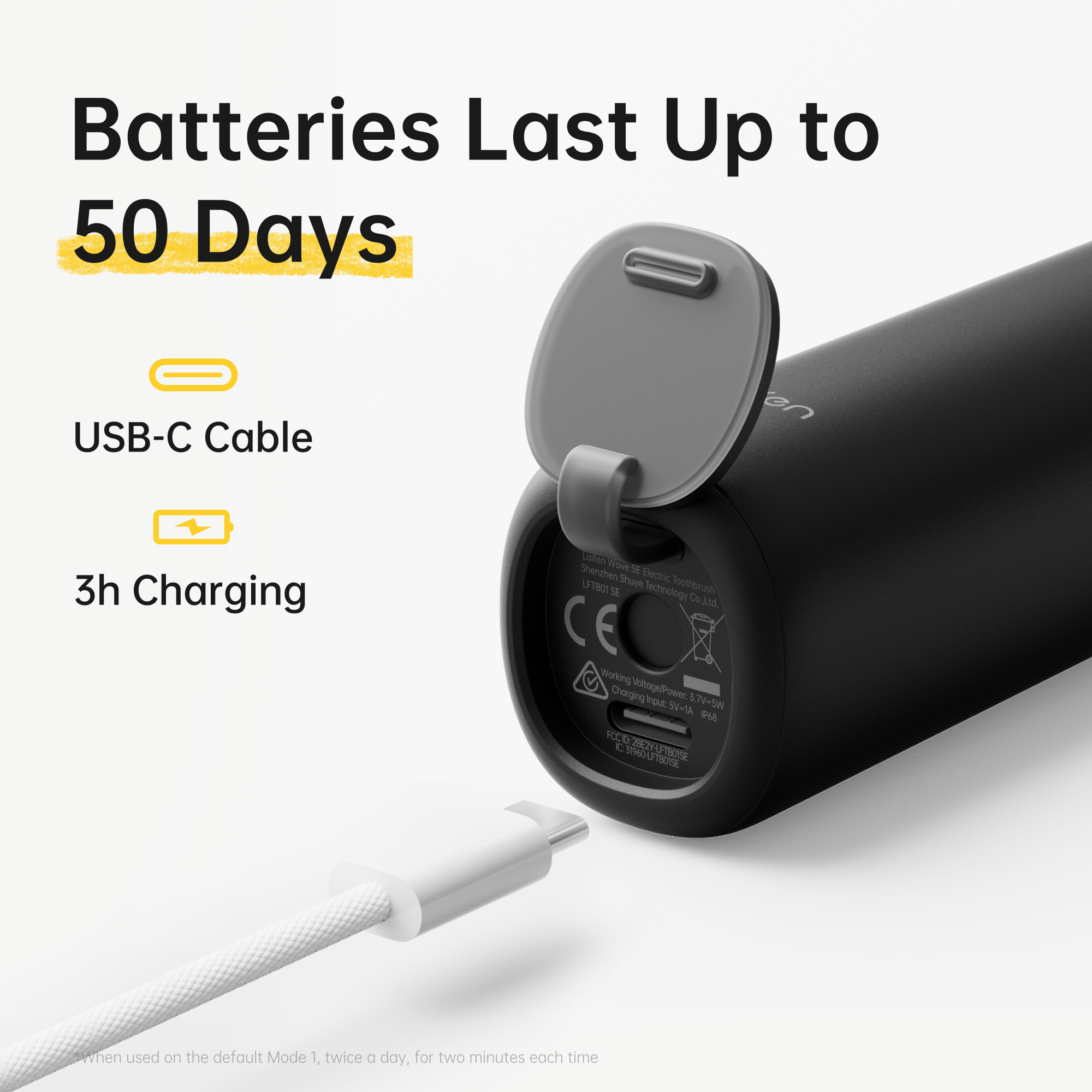 Schwarze elektrische Zahnbürste mit offenem Ladeanschluss und weißem USB-C-Kabel davor.