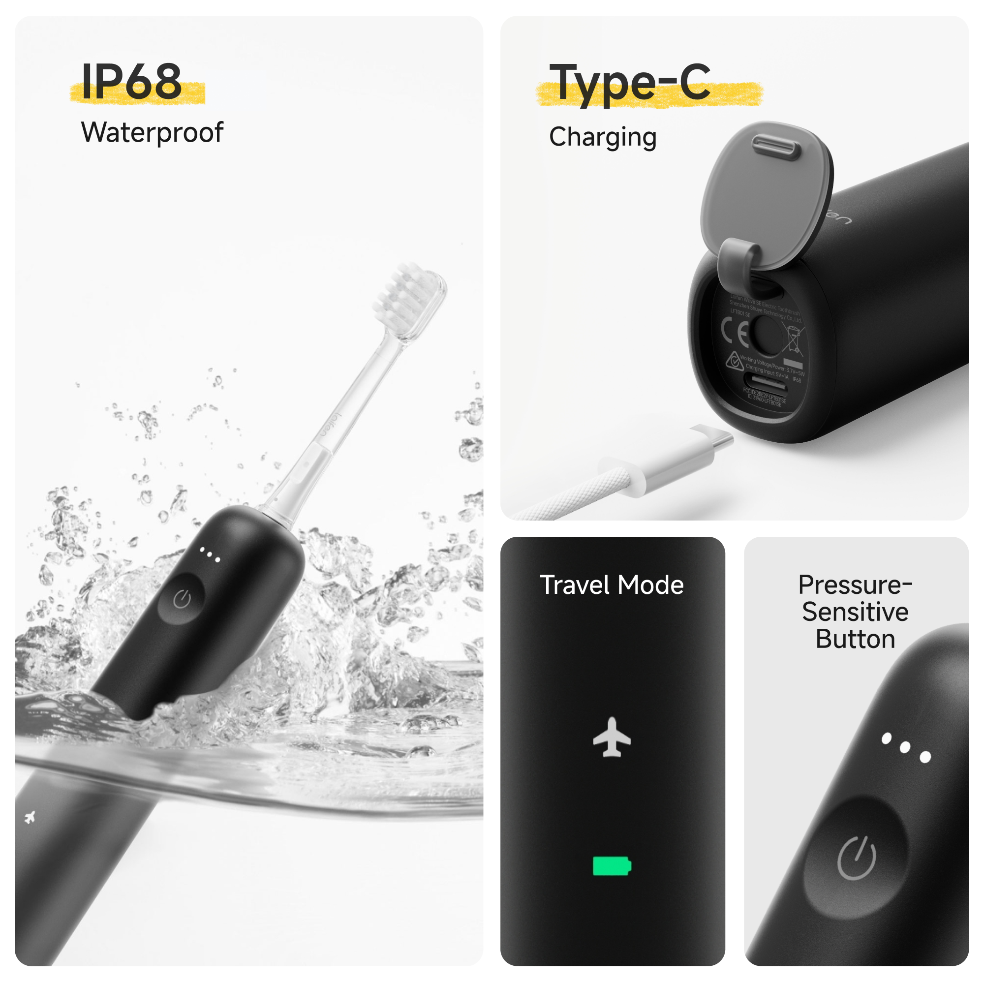 Schwarze elektrische Zahnbürste mit IP68 Wasserdichtigkeit, USB-C-Anschluss, Reisemodus und Drucktaste.