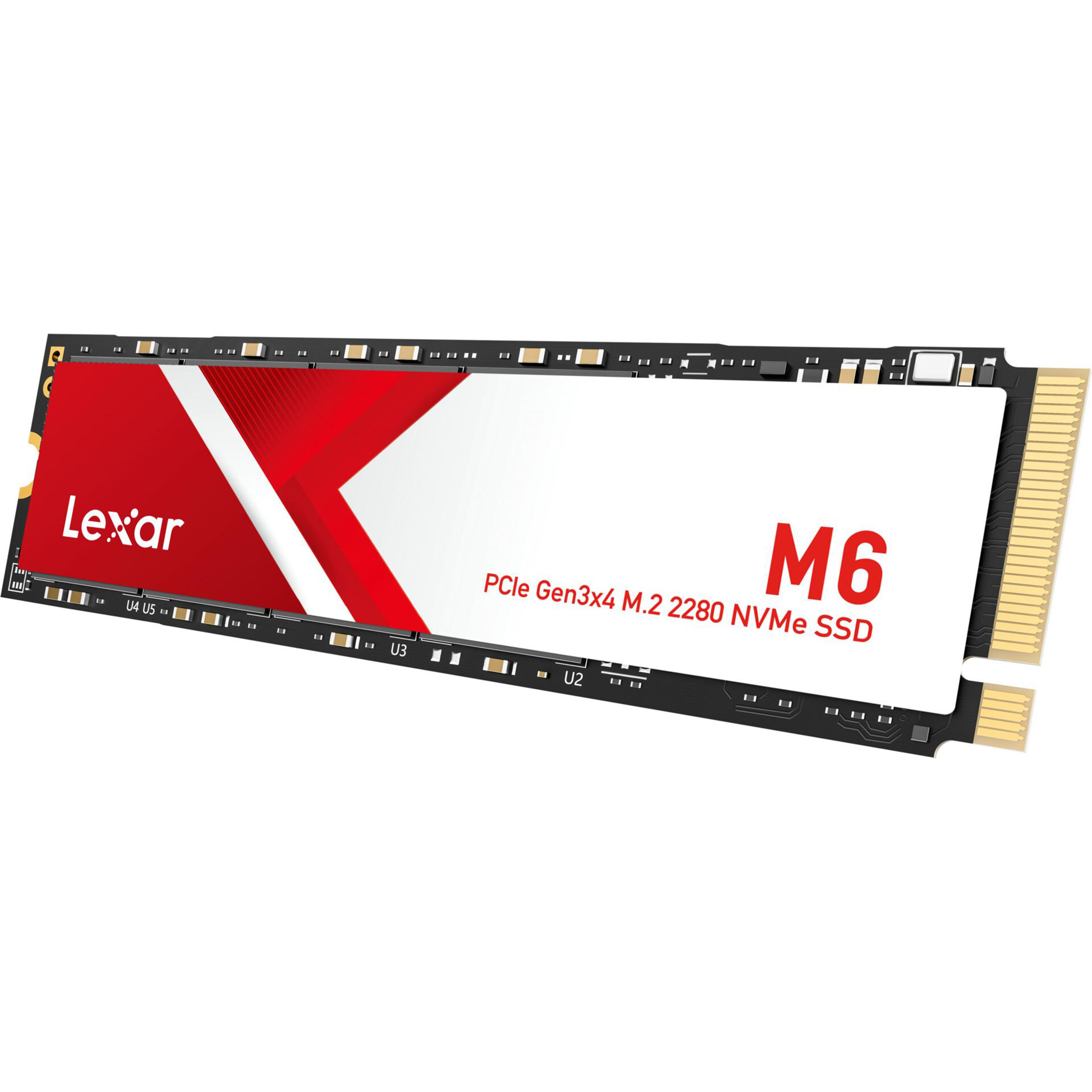 Lexar M6 M.2 2280 NVMe SSD mit rotem und weißem Aufkleber auf schwarzer Platine vor weißem Hintergrund.