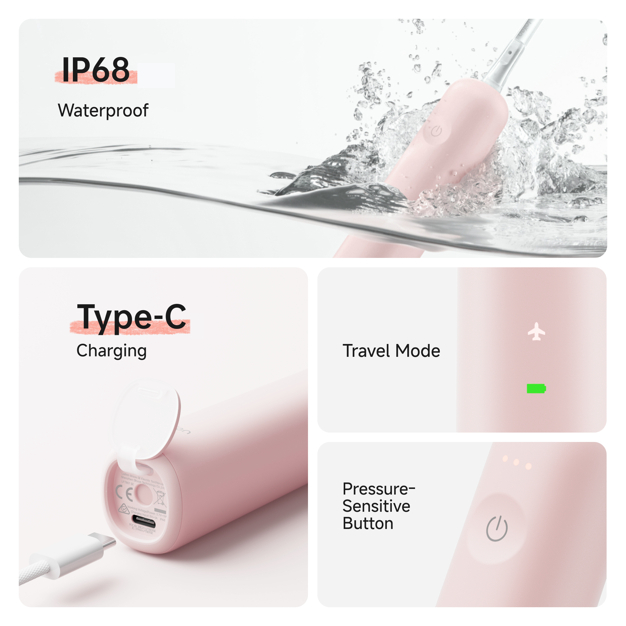 Rosa elektrische Zahnbürste mit IP68 Wasserdichtigkeit, Typ-C Laden, Reisedmodus und druckempfindlichem Knopf.