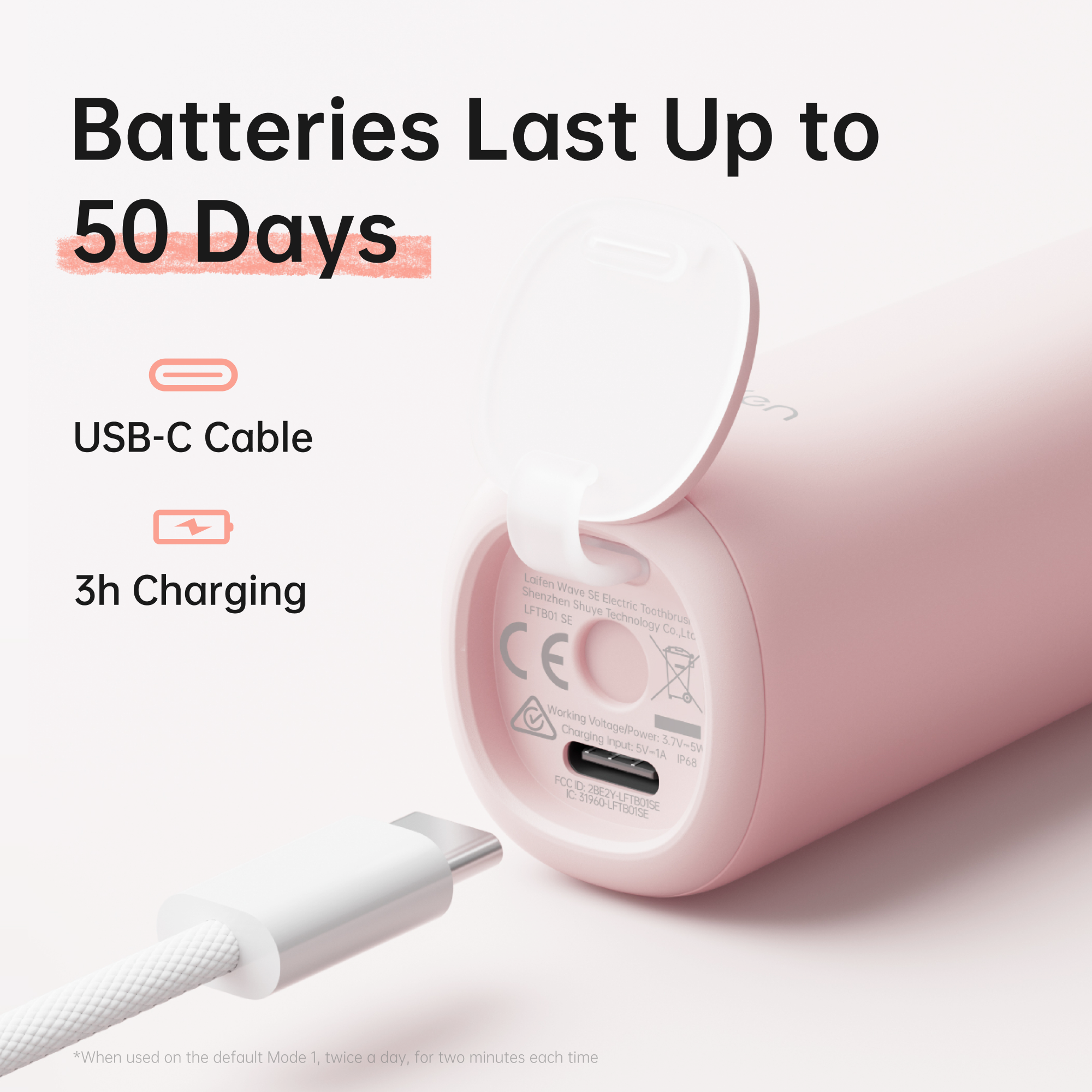 Rosa elektrische Zahnbürste mit offenem Ladeanschluss und USB-C-Kabel.