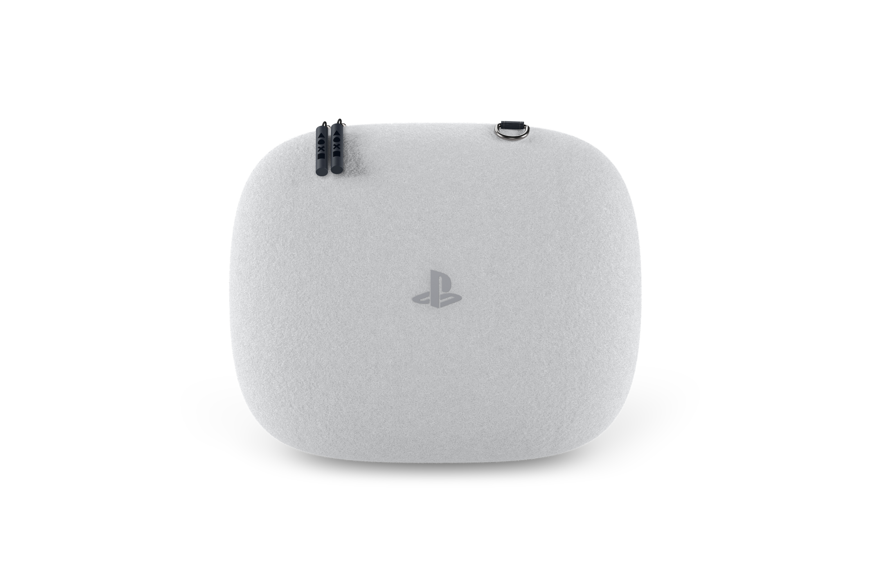 Eine graue PlayStation-Tragetasche mit Reißverschluss und integriertem Logo auf weißem Hintergrund.