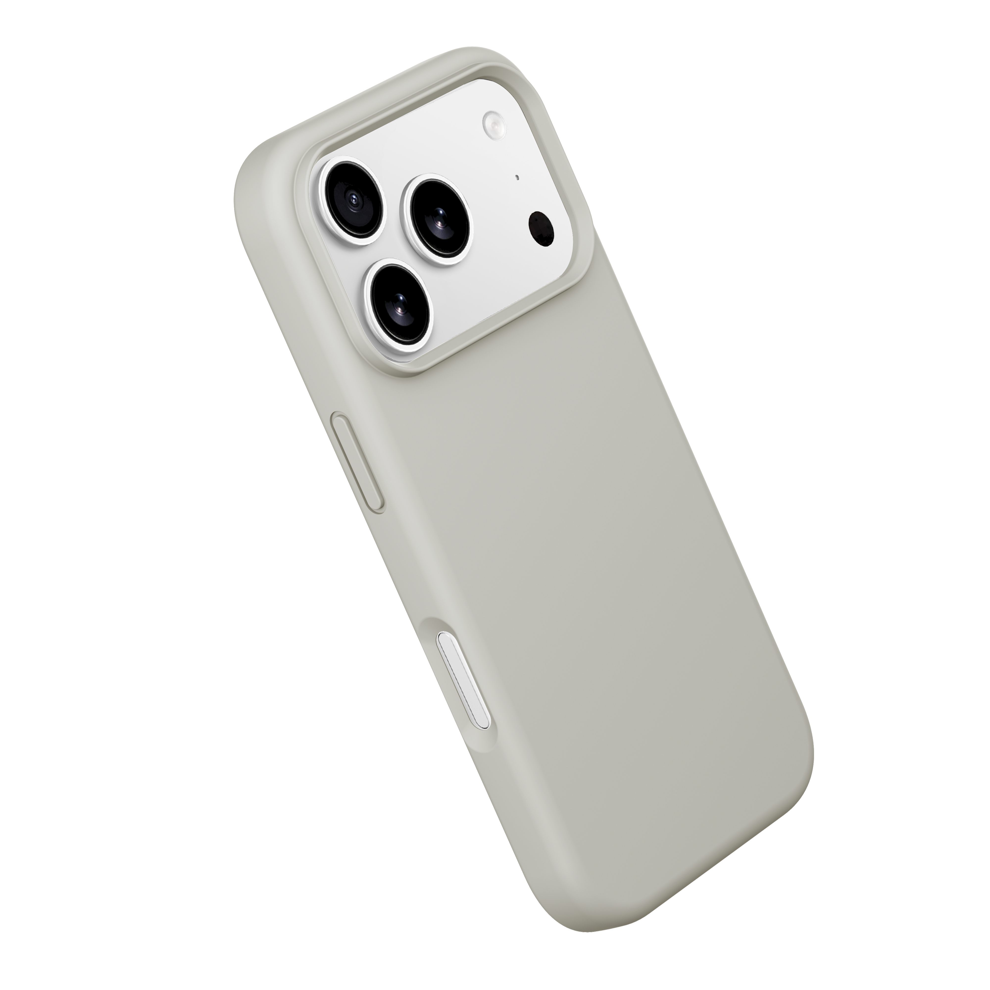 Ein graues Smartphone in einer Silikonhülle zeigt die dreifache Kamera und Seitentasten.
