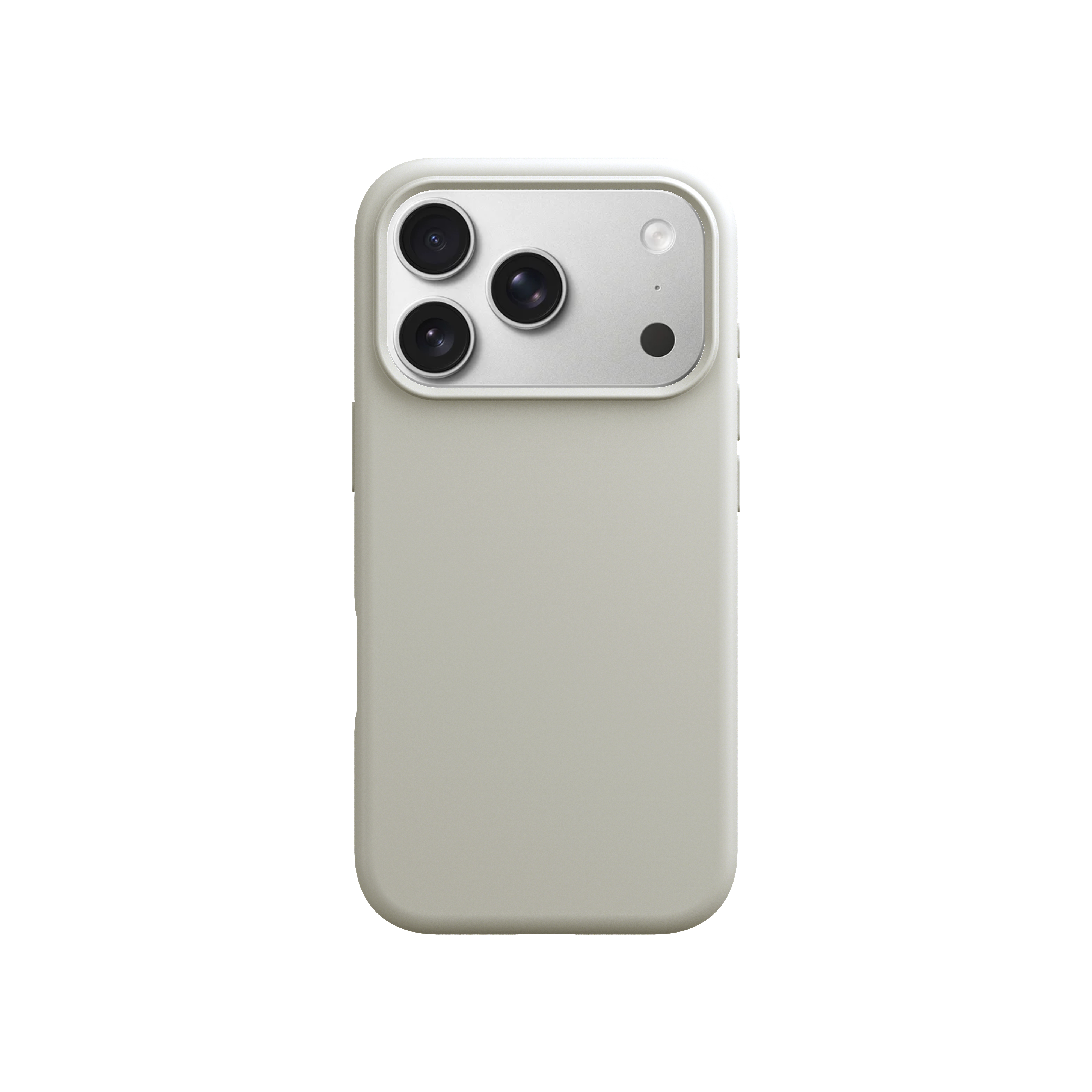 Rückseite eines beigen Smartphones mit Dreifachkamera in einem silbernen Kameramodul.