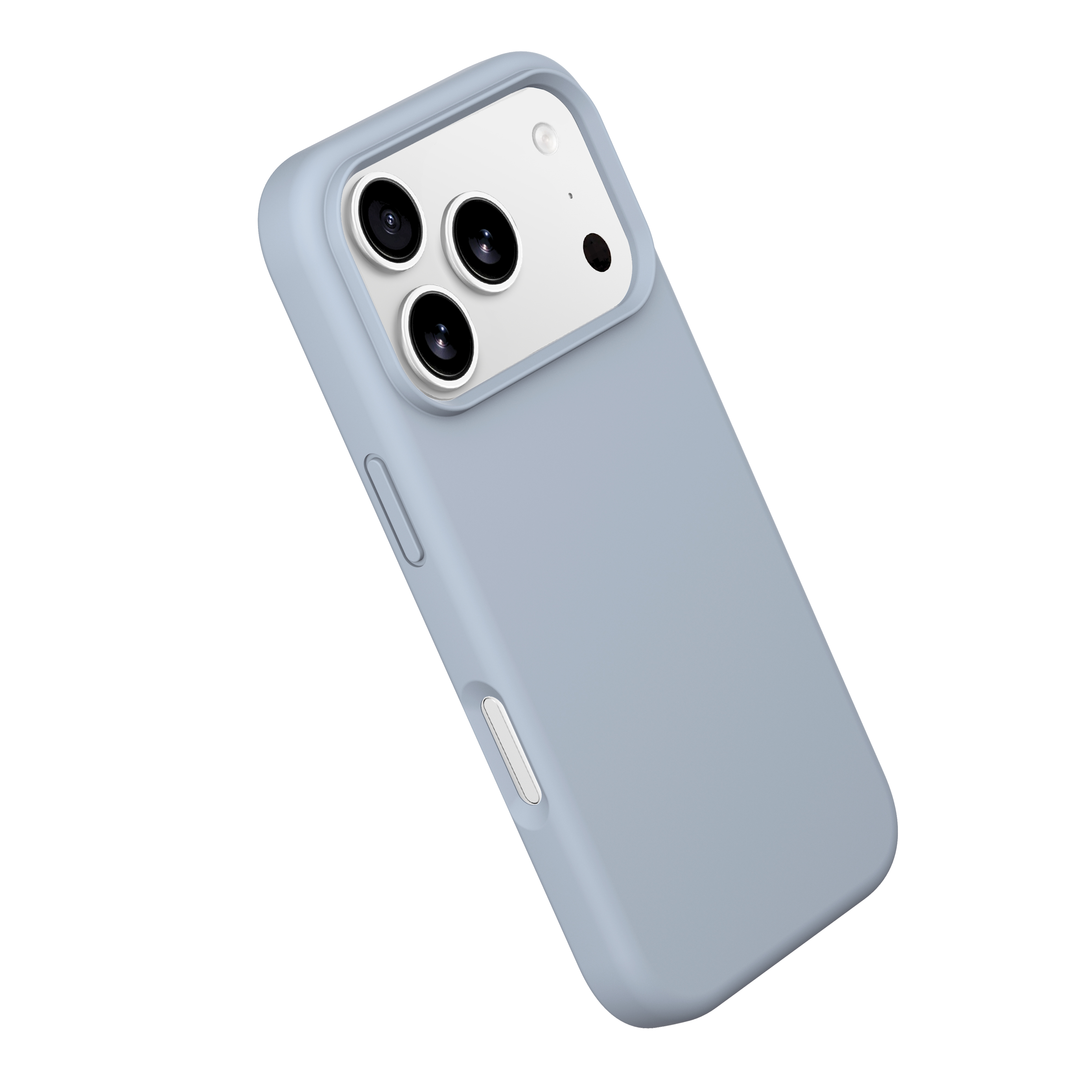 Eine hellblaue Schutzhülle auf einem Smartphone, Rückseite mit drei Kameramlinsen, freigestellt auf weißem Hintergrund.
