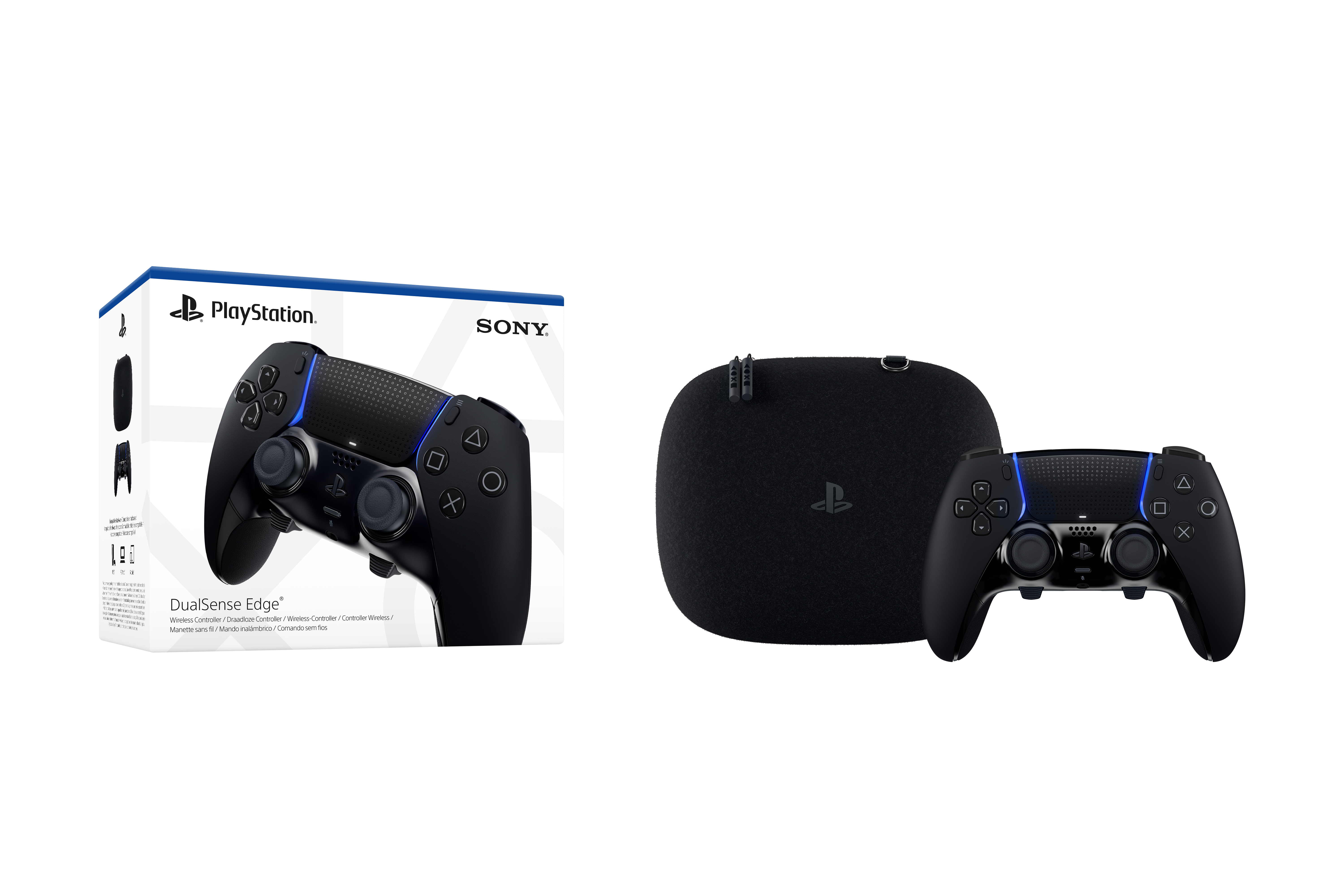 PlayStation DualSense Edge Wireless-Controller mit Verpackung und Schutzetui.