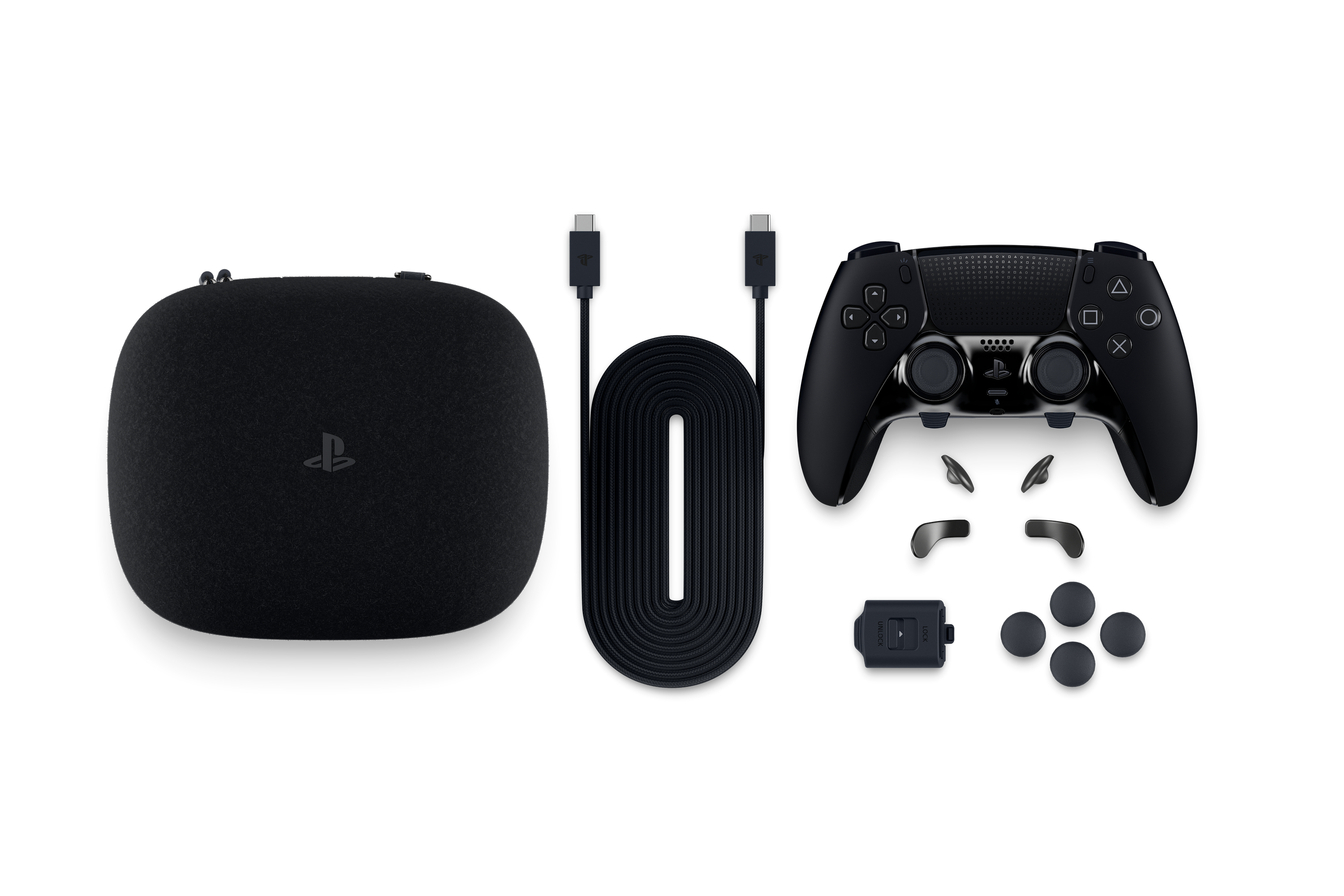 Schwarzer PlayStation DualSense Edge Wireless-Controller mit Transportcase, Kabel, Kappen und Rücktasten.