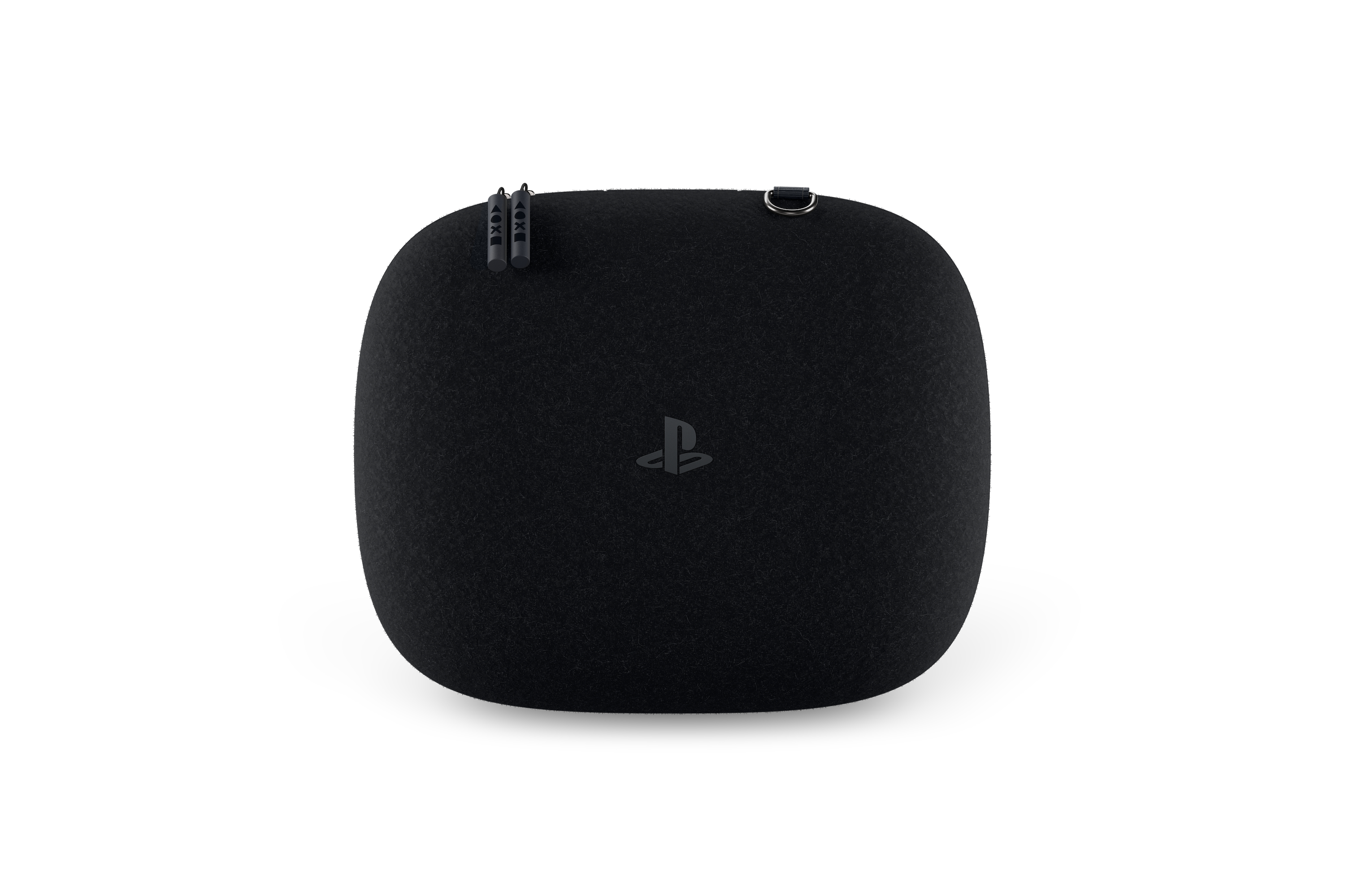 Eine schwarze, abgerundete PlayStation-Tragetasche mit geprägtem Logo, Reißverschlüssen und Metallring.