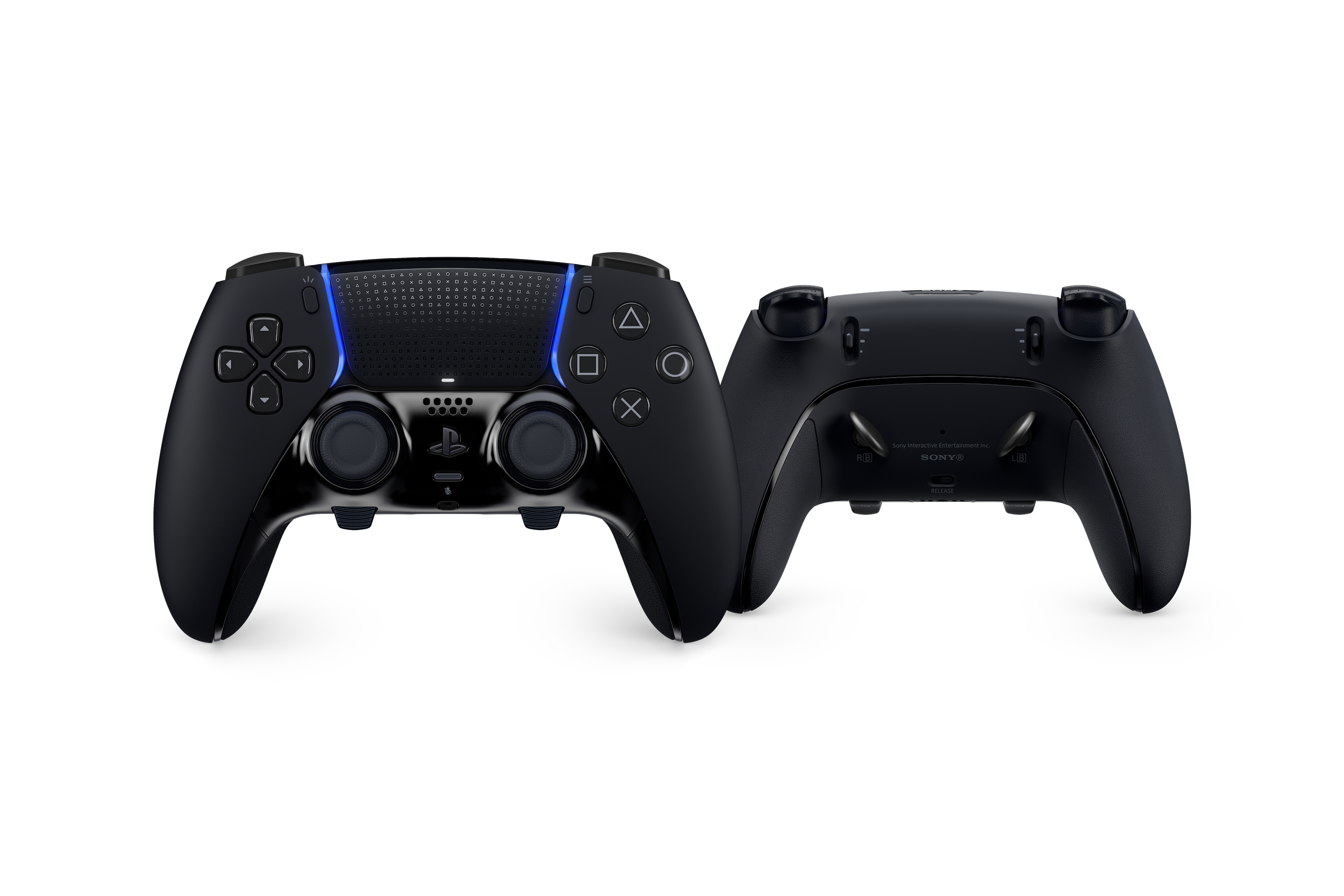 Zwei schwarze PlayStation 5 DualSense Edge Wireless-Controller auf weißem Hintergrund, einer von vorne, einer von hinten.