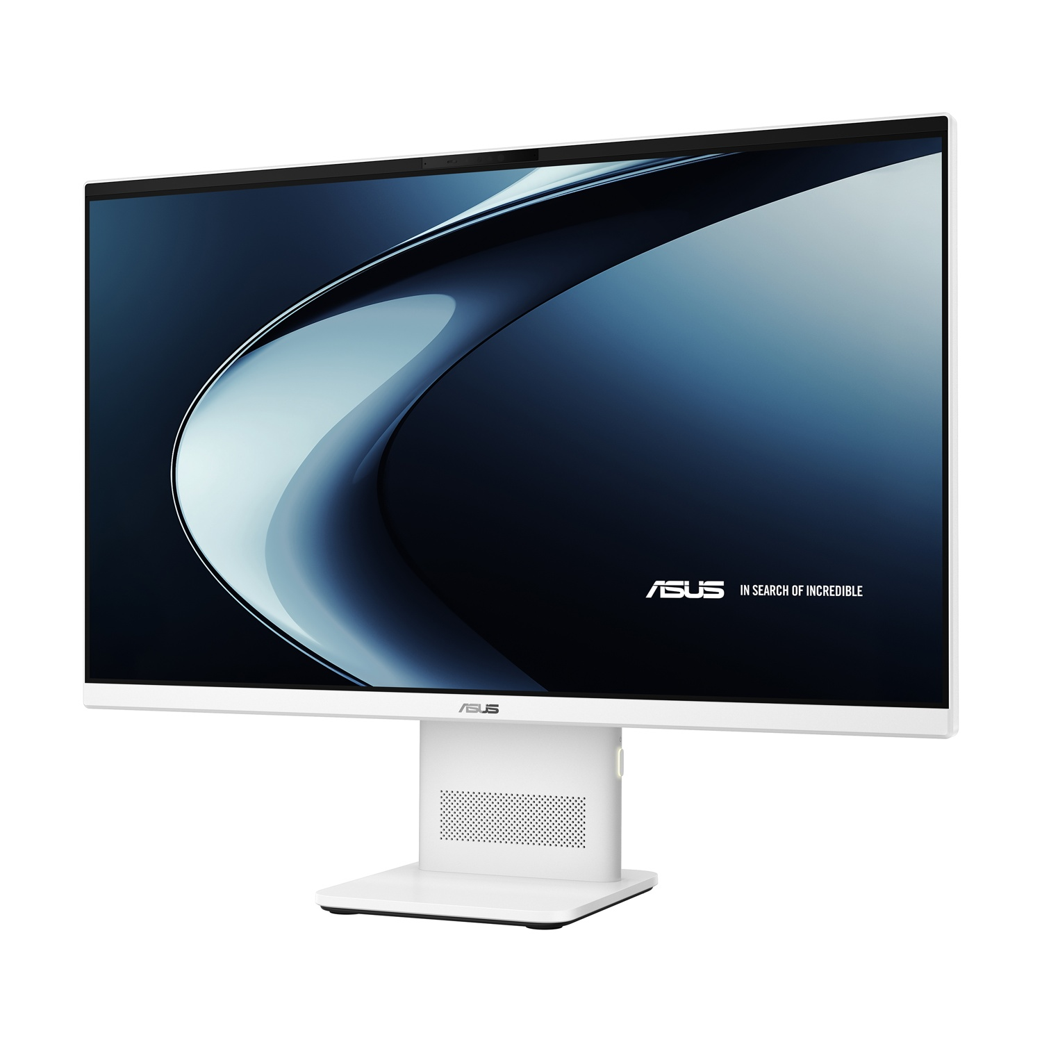 Un PC all-in-one ASUS bianco con sfondo dello schermo blu curvo e una base robusta su sfondo bianco.