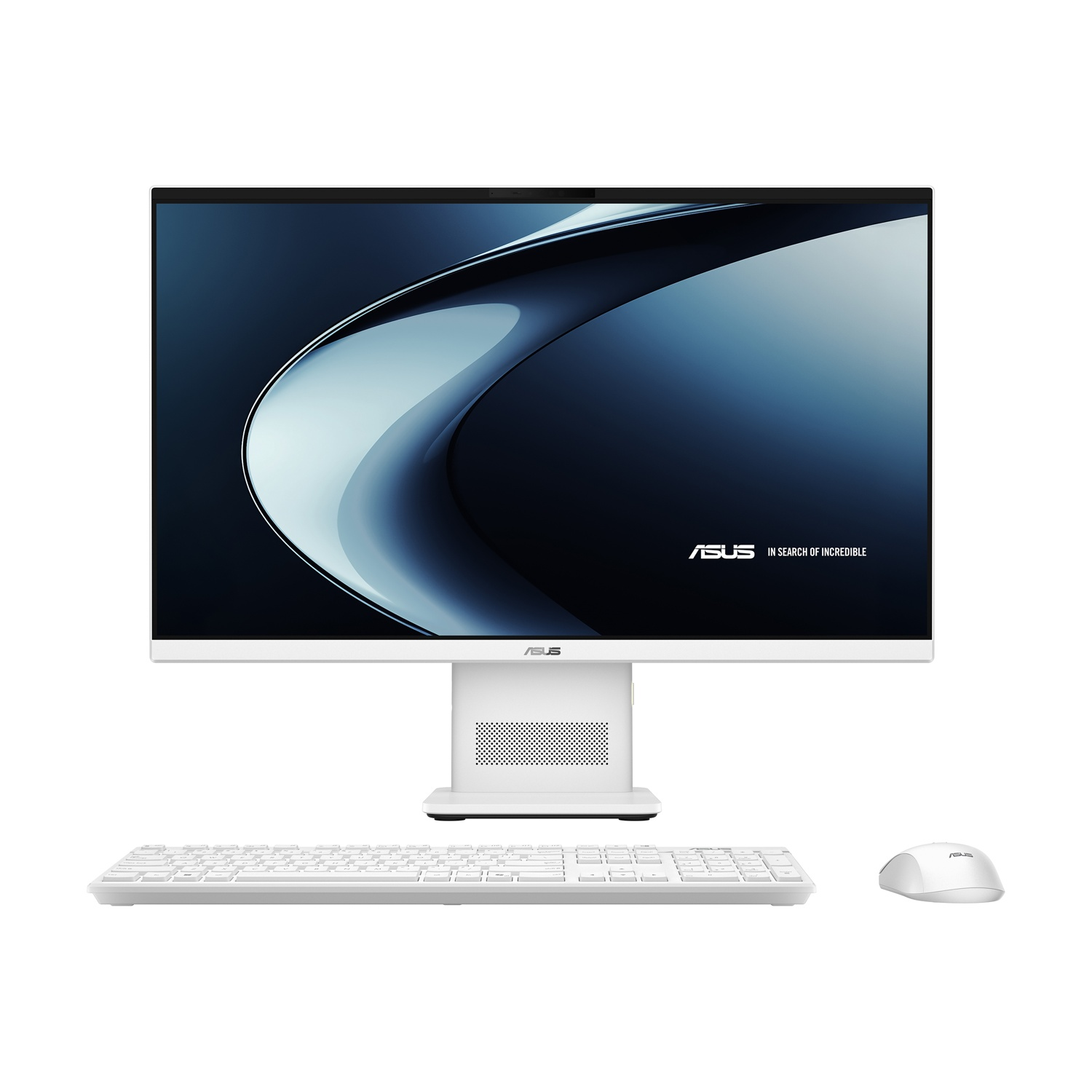 Un PC desktop all-in-one bianco con tastiera e mouse su sfondo bianco.