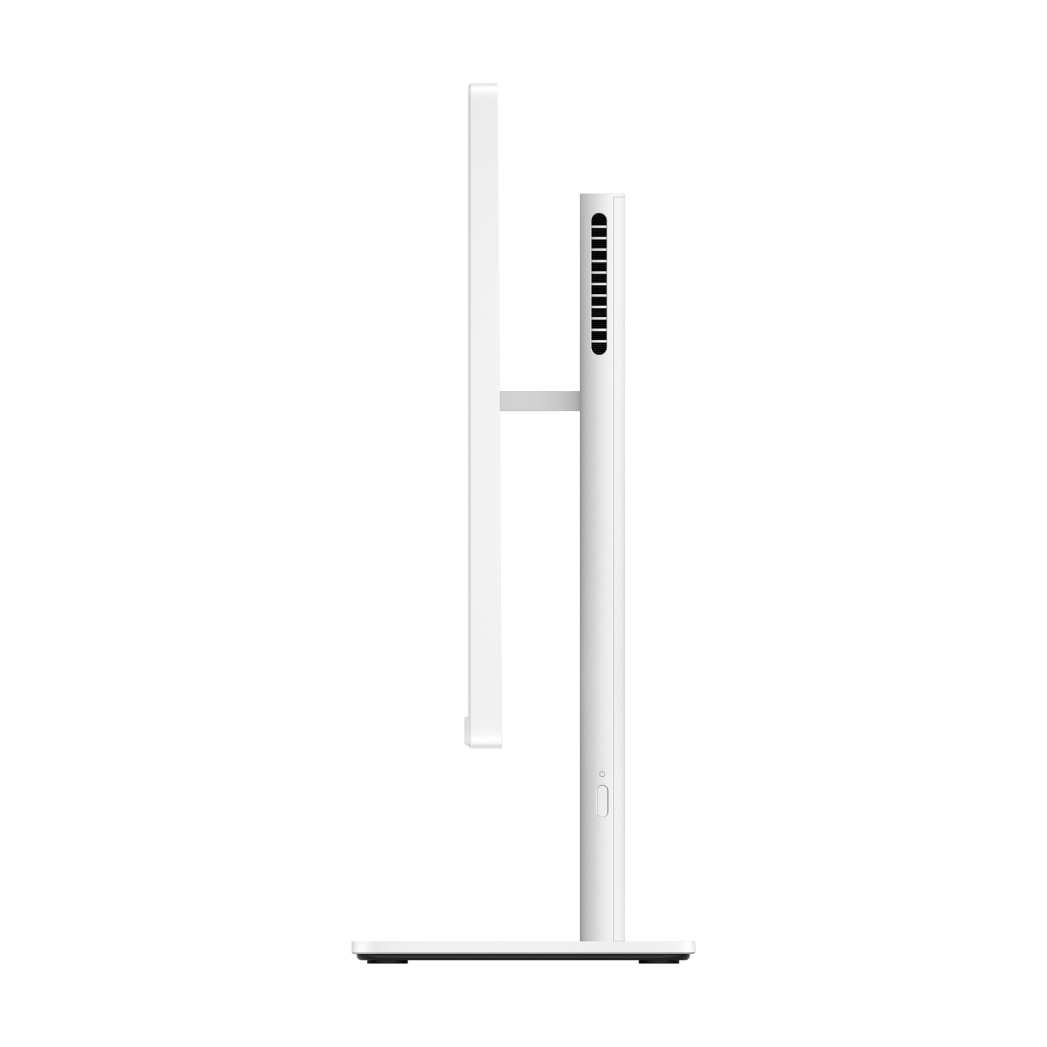 Vista laterale di un monitor bianco con supporto spesso e feritoie di ventilazione.