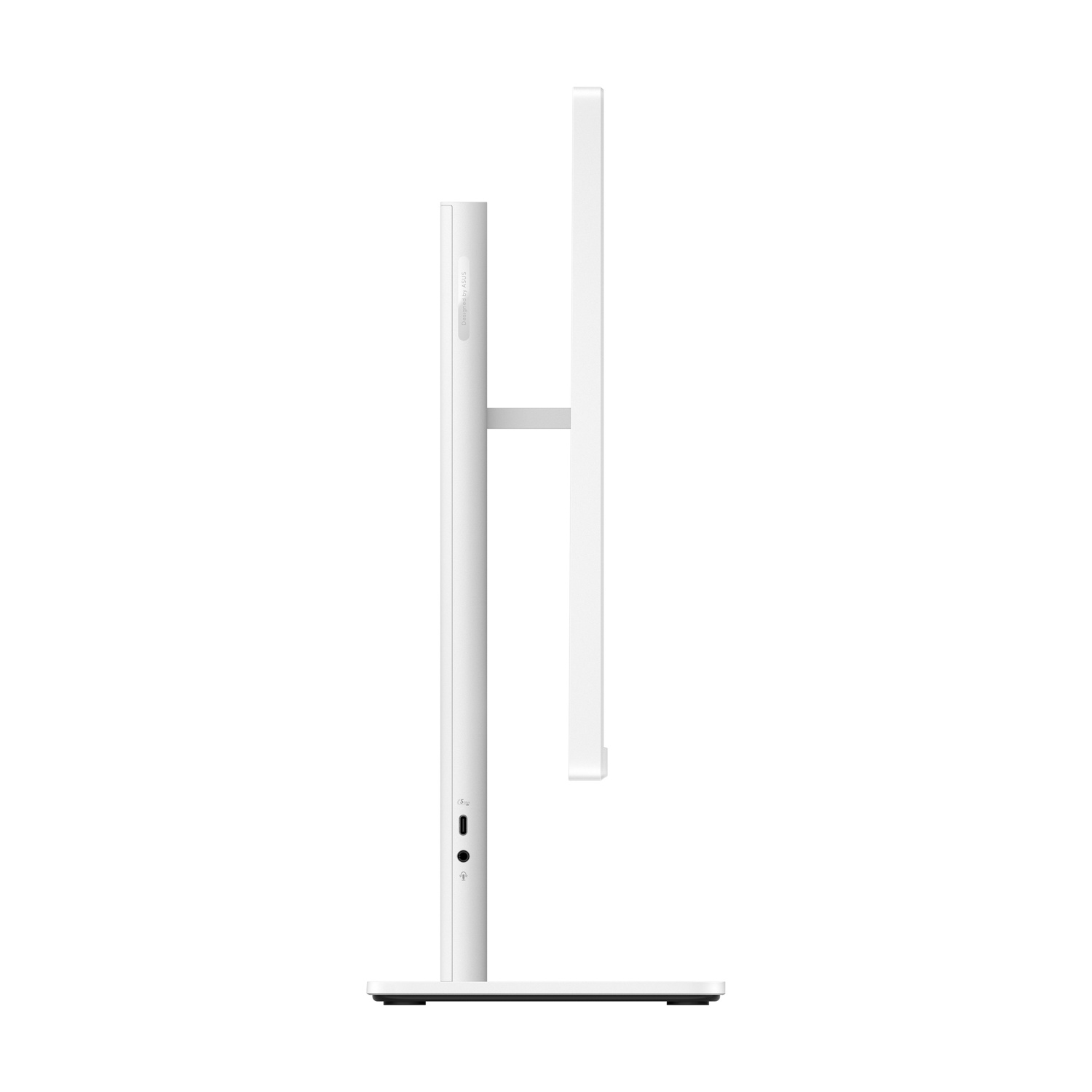 Vista laterale di un monitor bianco su supporto, con porte sulla base su sfondo bianco.