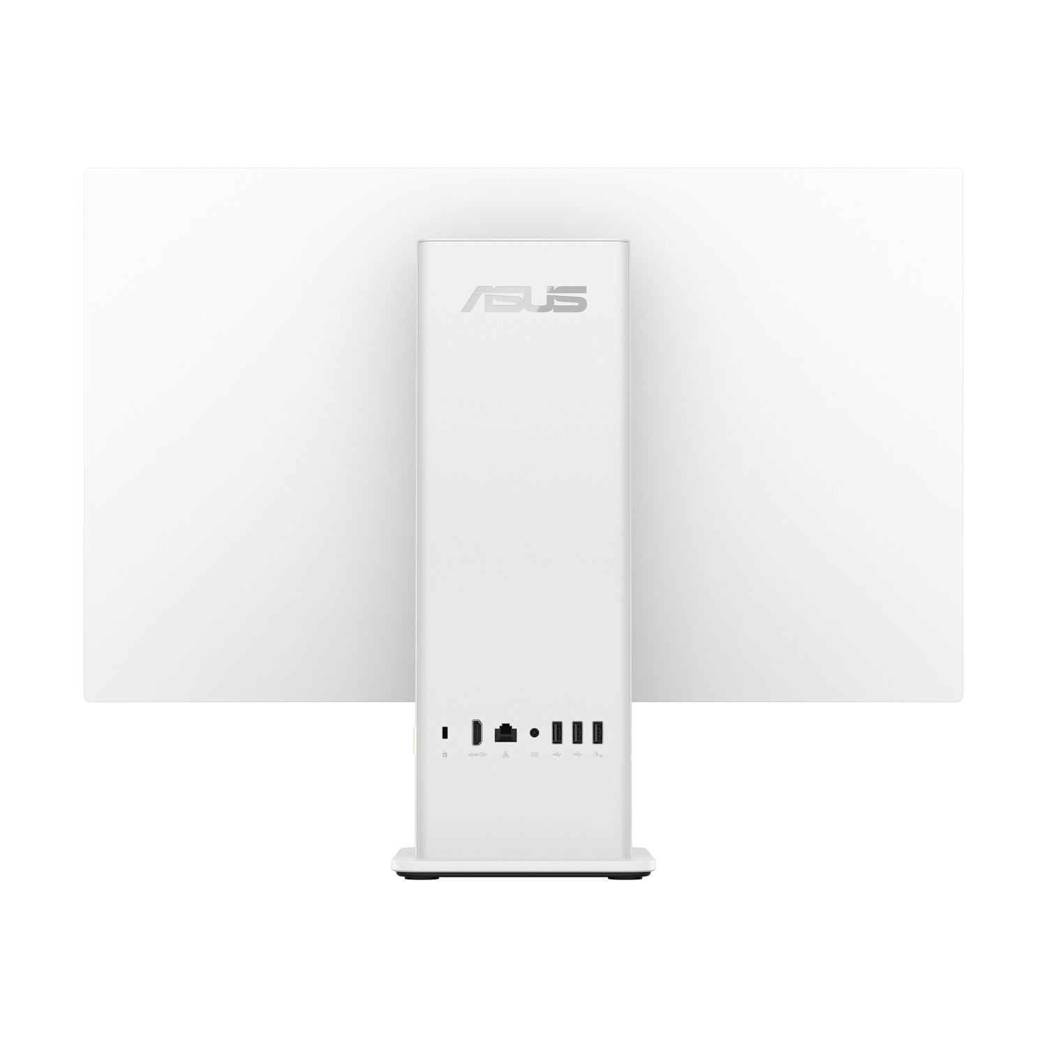 Vista posteriore di un monitor ASUS bianco con supporto centrale e varie porte in basso.