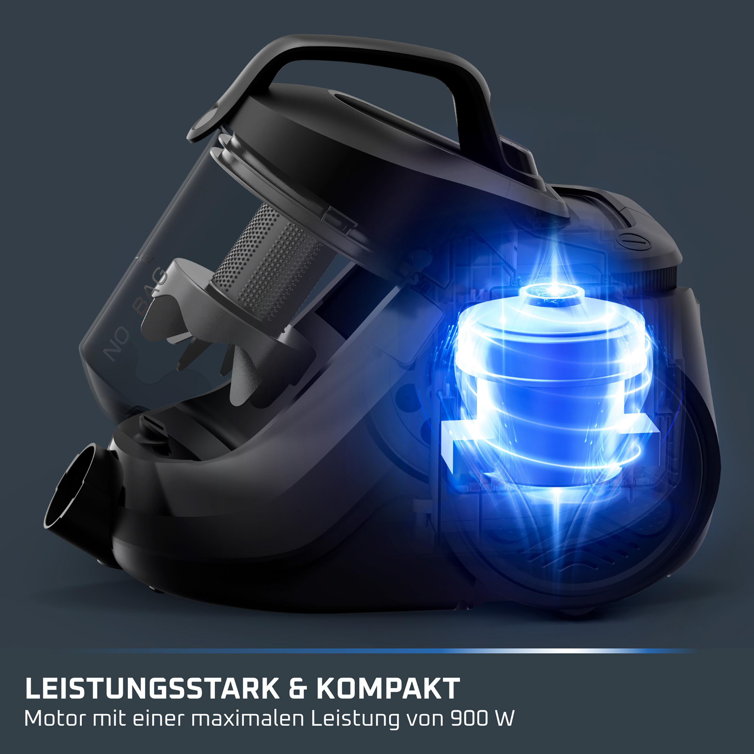 Schwarzer Staubsauger mit transparentem Staubbehälter und leuchtend blauem Motor im Inneren vor grauem Hintergrund.