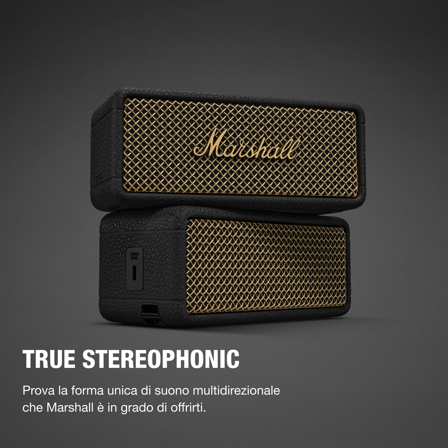 Due altoparlanti Marshall neri impilati verticalmente con griglie dorate su sfondo grigio scuro.
