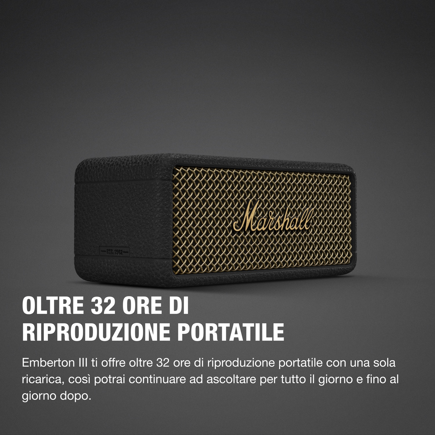 Un altoparlante portatile nero Marshall Emberton III su sfondo scuro.