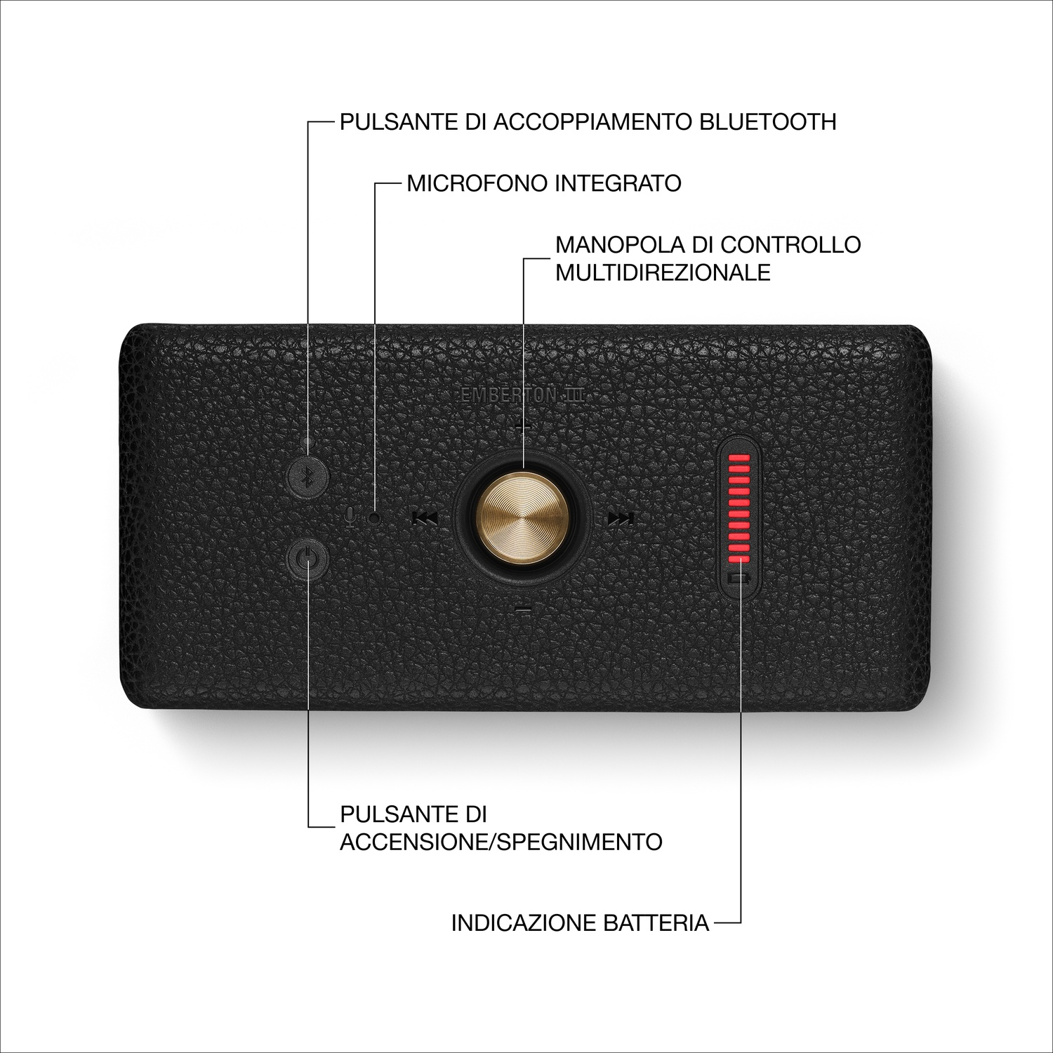 Vista dall'alto di un altoparlante Bluetooth nero con pulsanti di controllo, etichette in italiano e batteria.