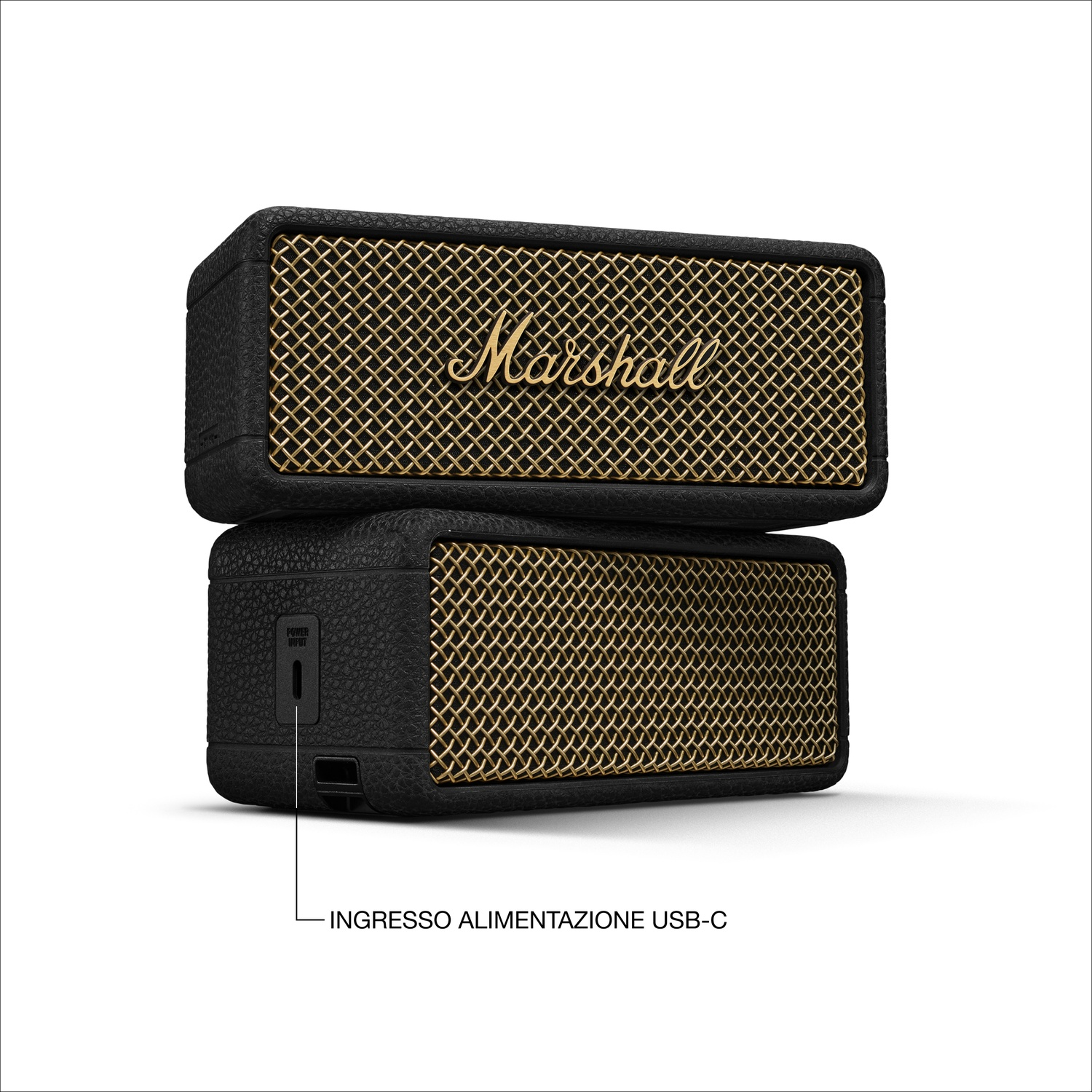 Due altoparlanti Marshall neri impilati, con ingresso di alimentazione USB-C.