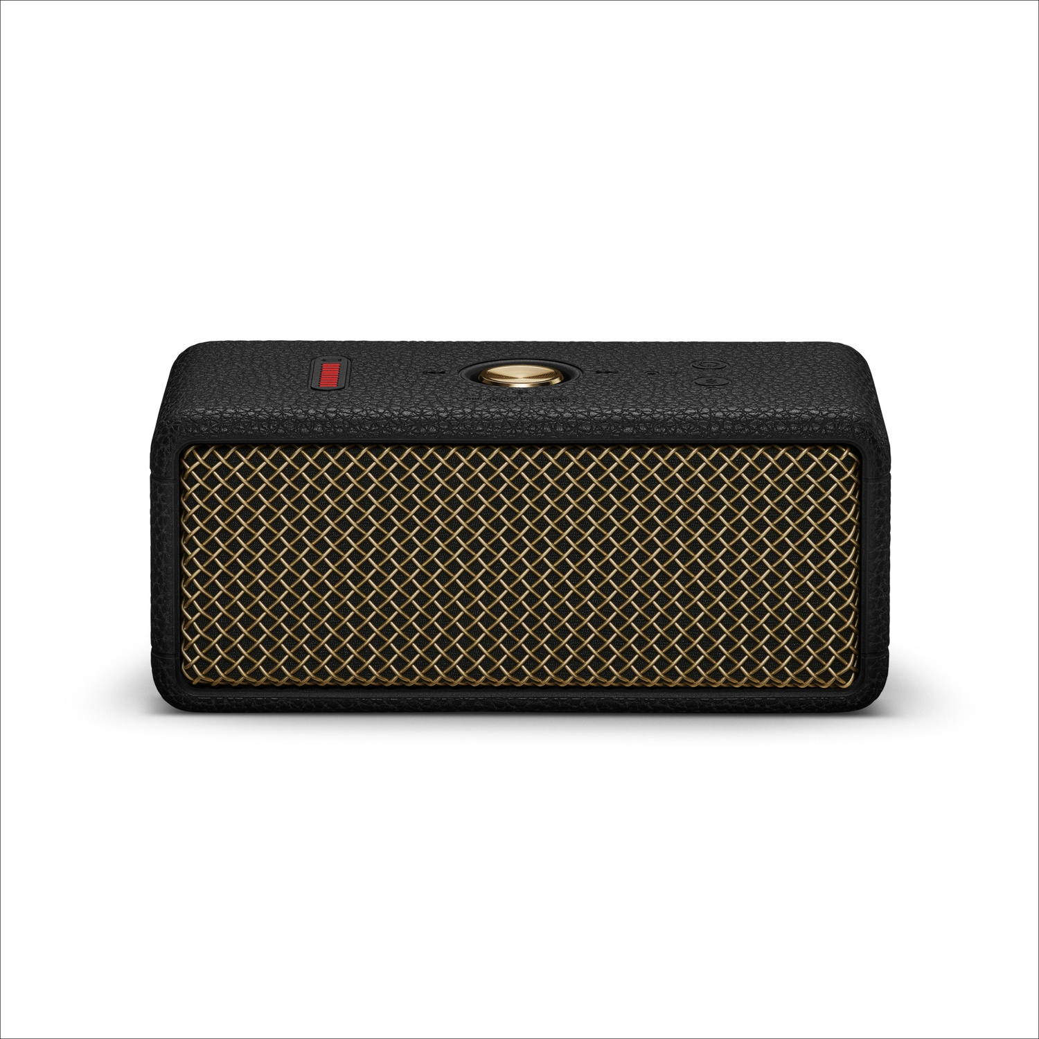 Altoparlante Bluetooth nero con griglia metallica dorata e pulsanti di controllo sulla parte superiore.