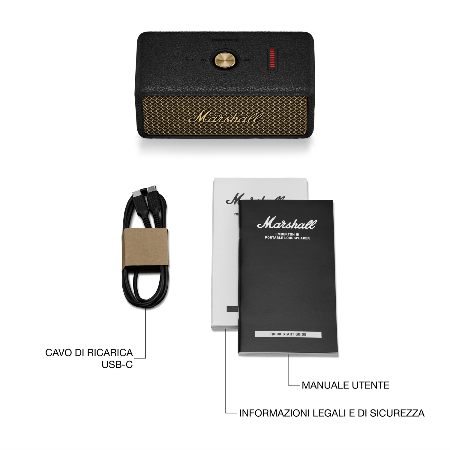 Altoparlante Marshall Emberton III con cavo USB-C e manuali utente su sfondo bianco.