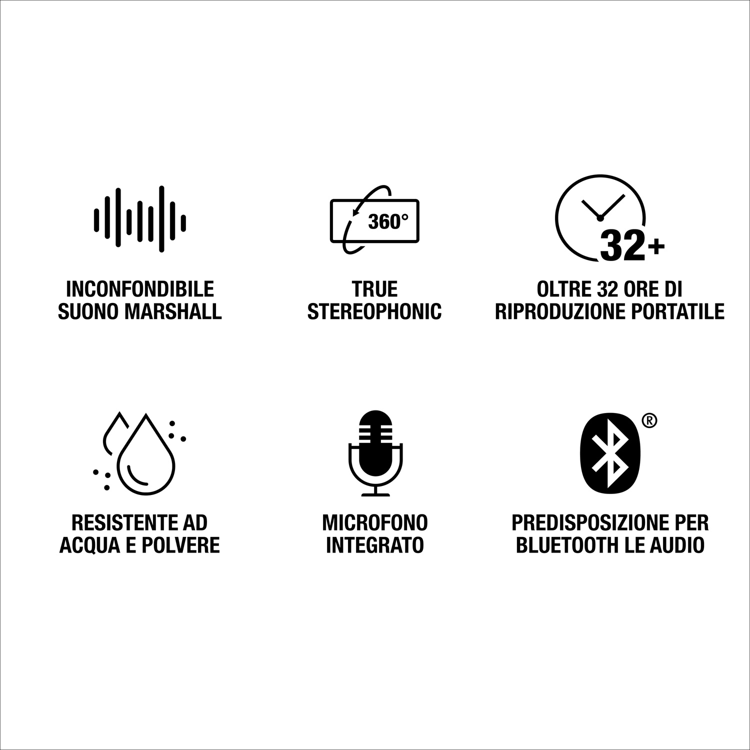 Sei icone con testo in italiano mostrano le funzioni audio Marshall come suono a 360°, batteria e resistenza all'acqua.